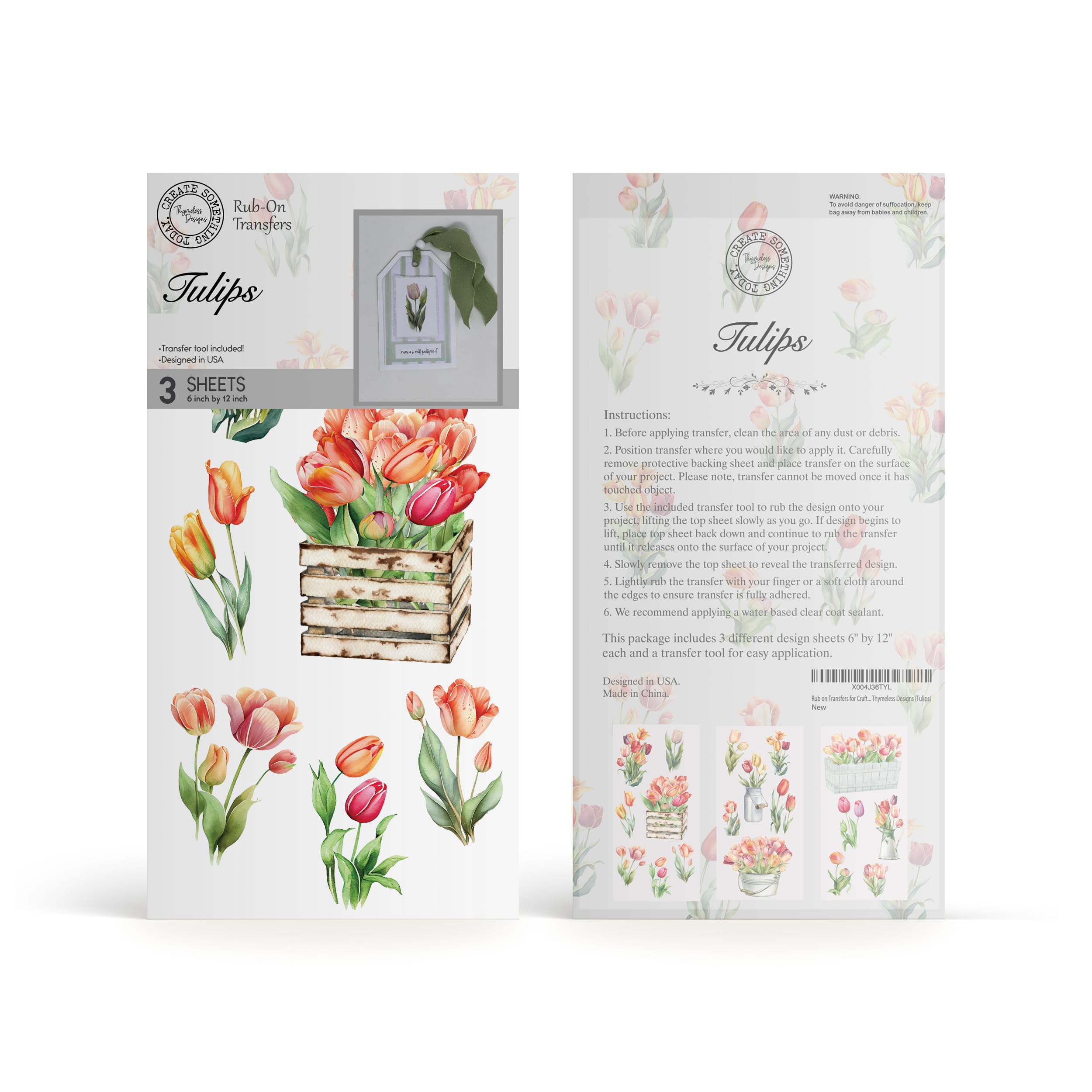 Rub on Transfery do rękodzieła i mebli, 3 arkusze projektowe, 15 x 30 cm, transfery do dekoracji domu, naklejki na meble i rękodzieło, od Thymeless Designs (tulipany)