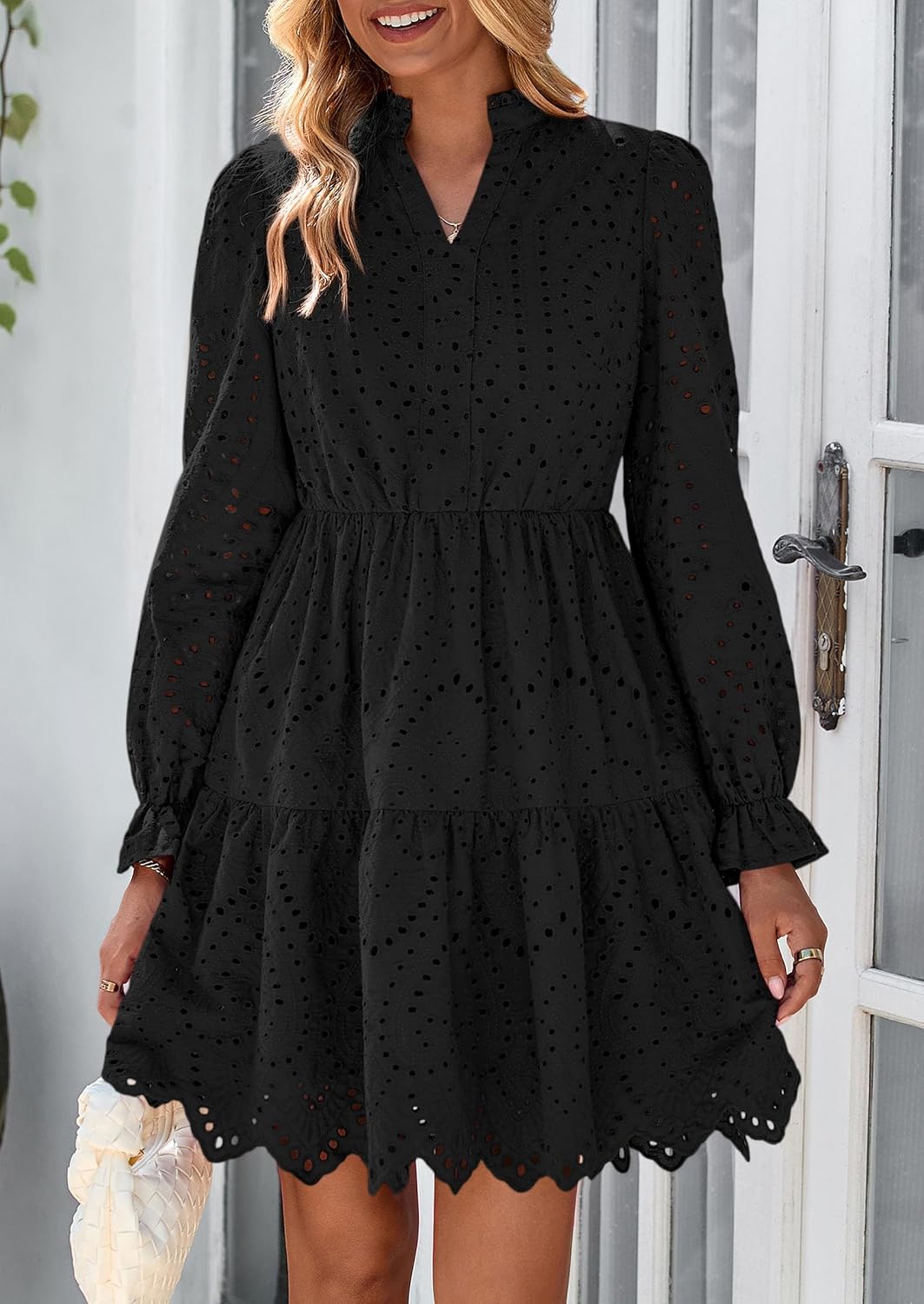 PRETTYGARDEN Women's Spring 2025 Long Puff Sleeve Mini Dress Hollow Out Lace V Neck A Line Ruffle Casual Party Dresses - Image 6