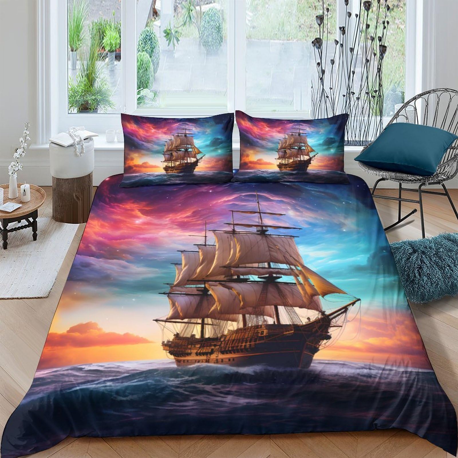 Ctjqhvkz Style-10 3D Printed Sunset Sailing Ship Fitted Sheet Microfiber Soft Anti-Slip Ocean Bed Cover For Bedroom Guestroom Single（135X200cm）