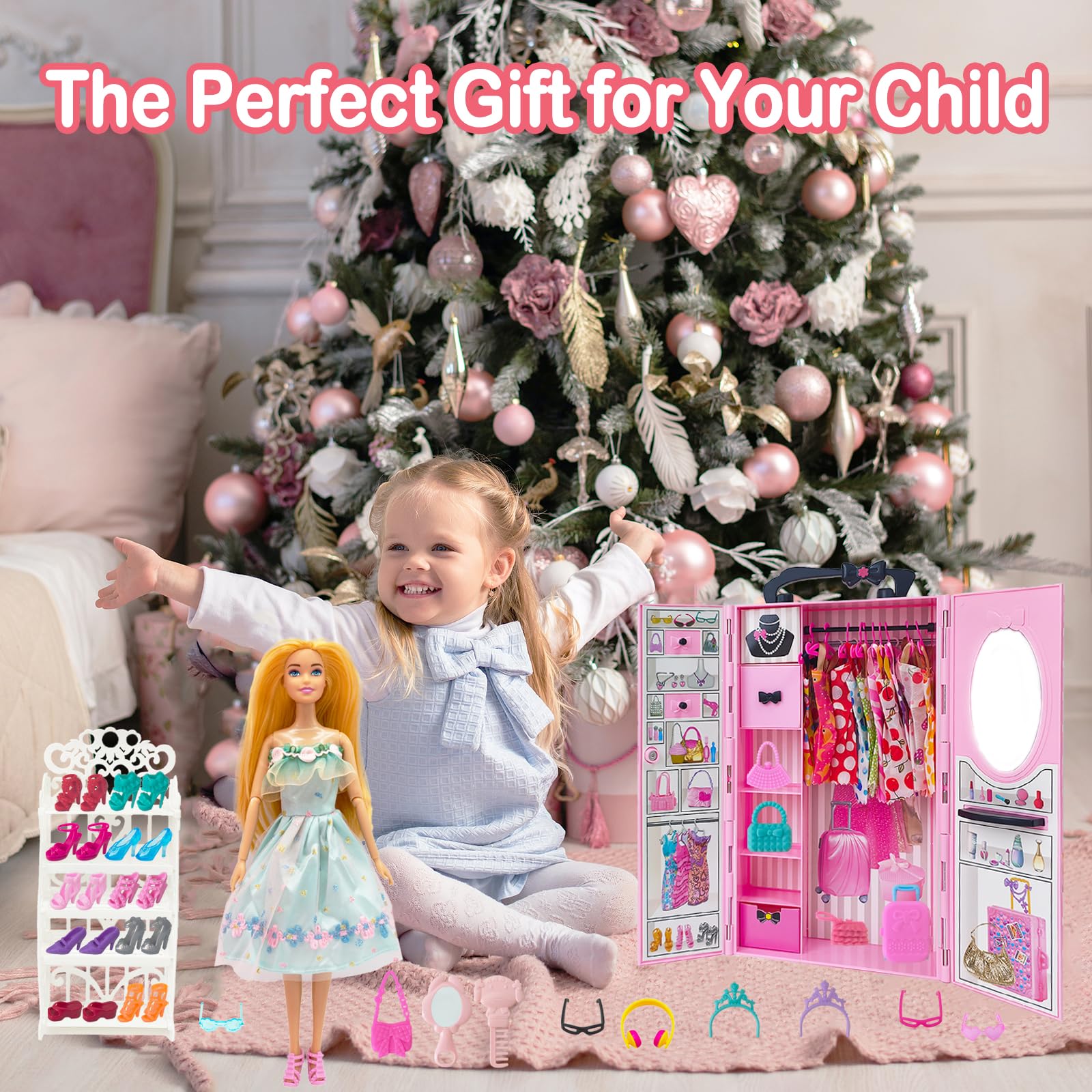 122 Pezzi Armadio Bambole Playset con Bambole 11,5 Pollici, Vestiti e Accessori, Include Abiti Principessa Scarpe Borse, Giocattoli Travestimento Adatti a Bambine, Bambini e Bambini (Rosa)