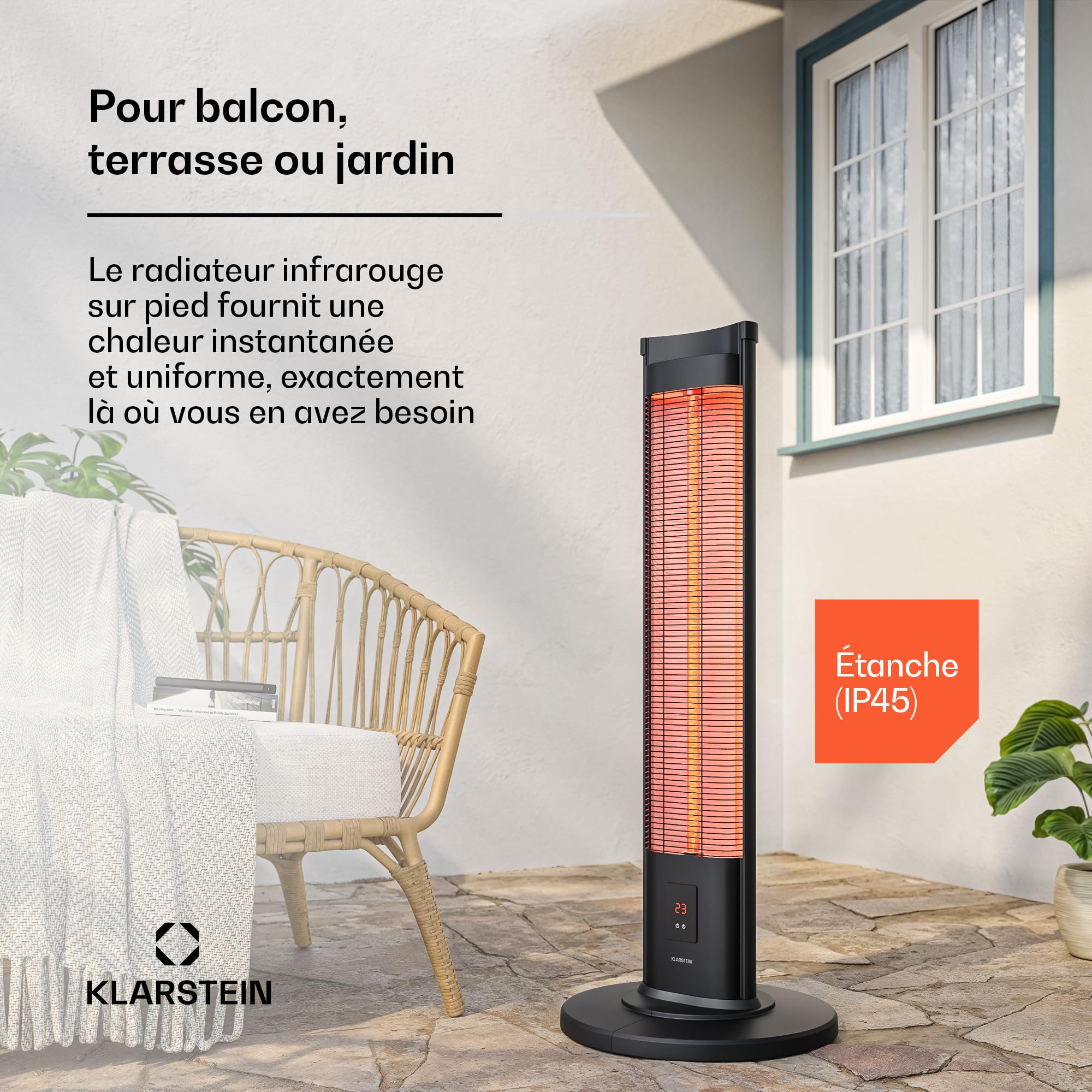 Klarstein BlazeTower Chauffage Infrarouge sur Pied - 2000W, 3 Niveaux, IP45, Télécommande, Minuterie, Protection Anti-Basculement - Radiateur Infrarouge Extérieur Terrasse
