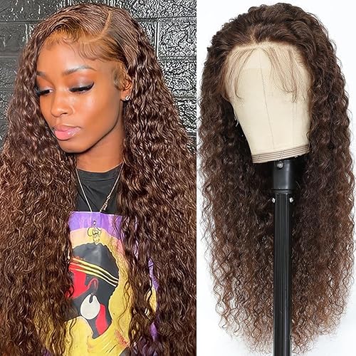 VCkiss Pelucas de cabello humano con encaje frontal color castaño chocolate, prearrancadas, 26 pulgadas, rizado, ondulado profundo, 13 x 4 HD,