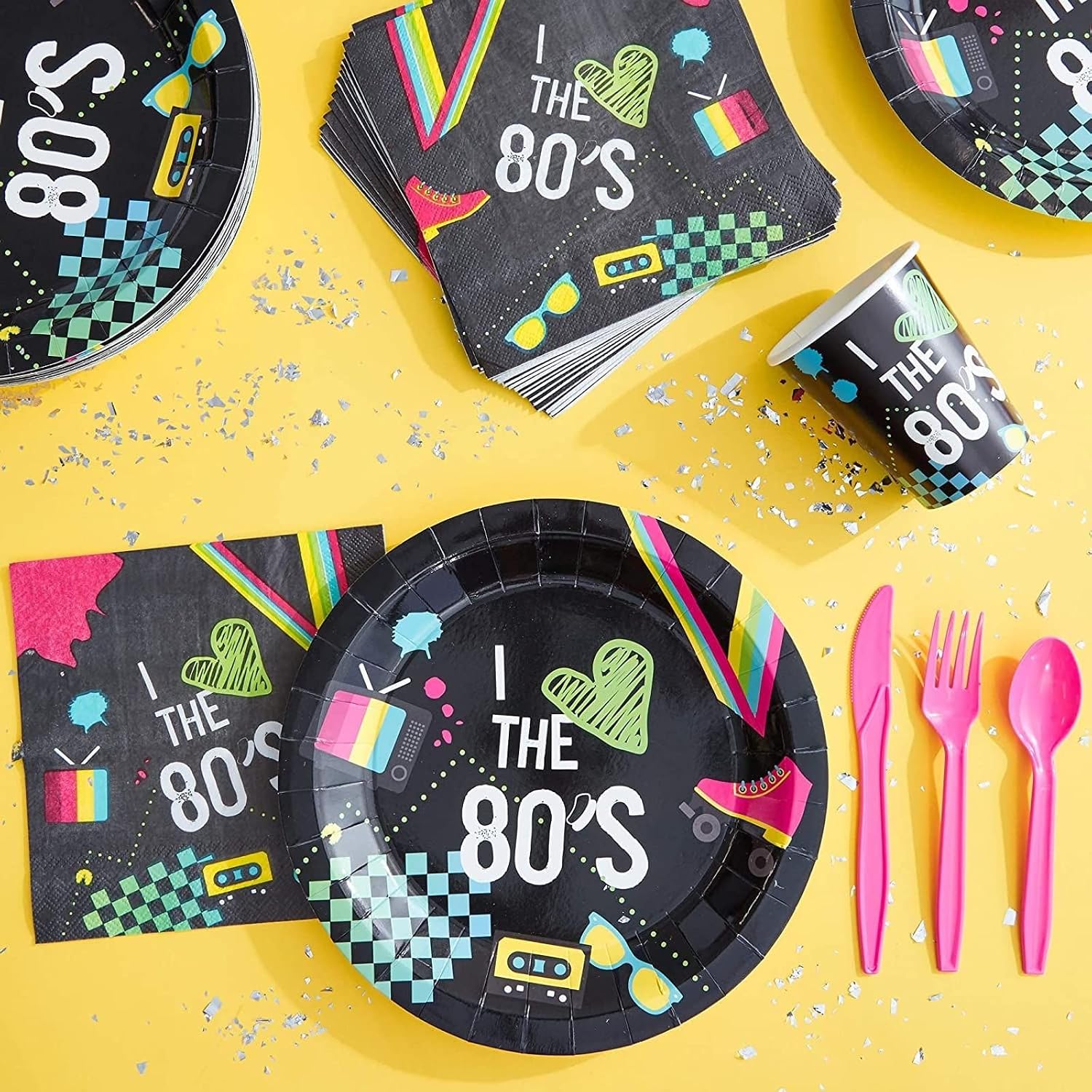 BLUE PANDA 80's Party Bundle, Includes Plates, Napkins, Cups, and Cutlery (24 Guests,144 Pieces)