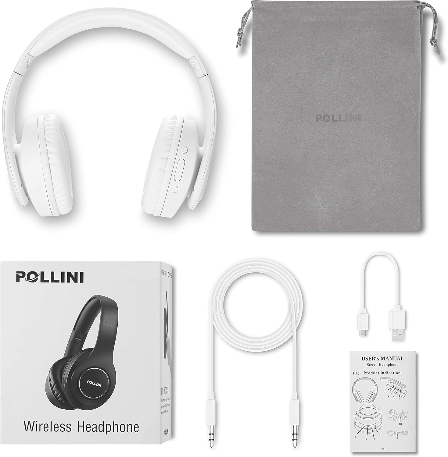 Bluetooth Headphones Wireless, pollini 40H Playtime Foldable Over Ear Headphones with Microphone, Deep Bass Stereo Headset with Soft Memory-Protein Earmuffs for iPhone/Android Cell Phone/PC (White) : Electronics