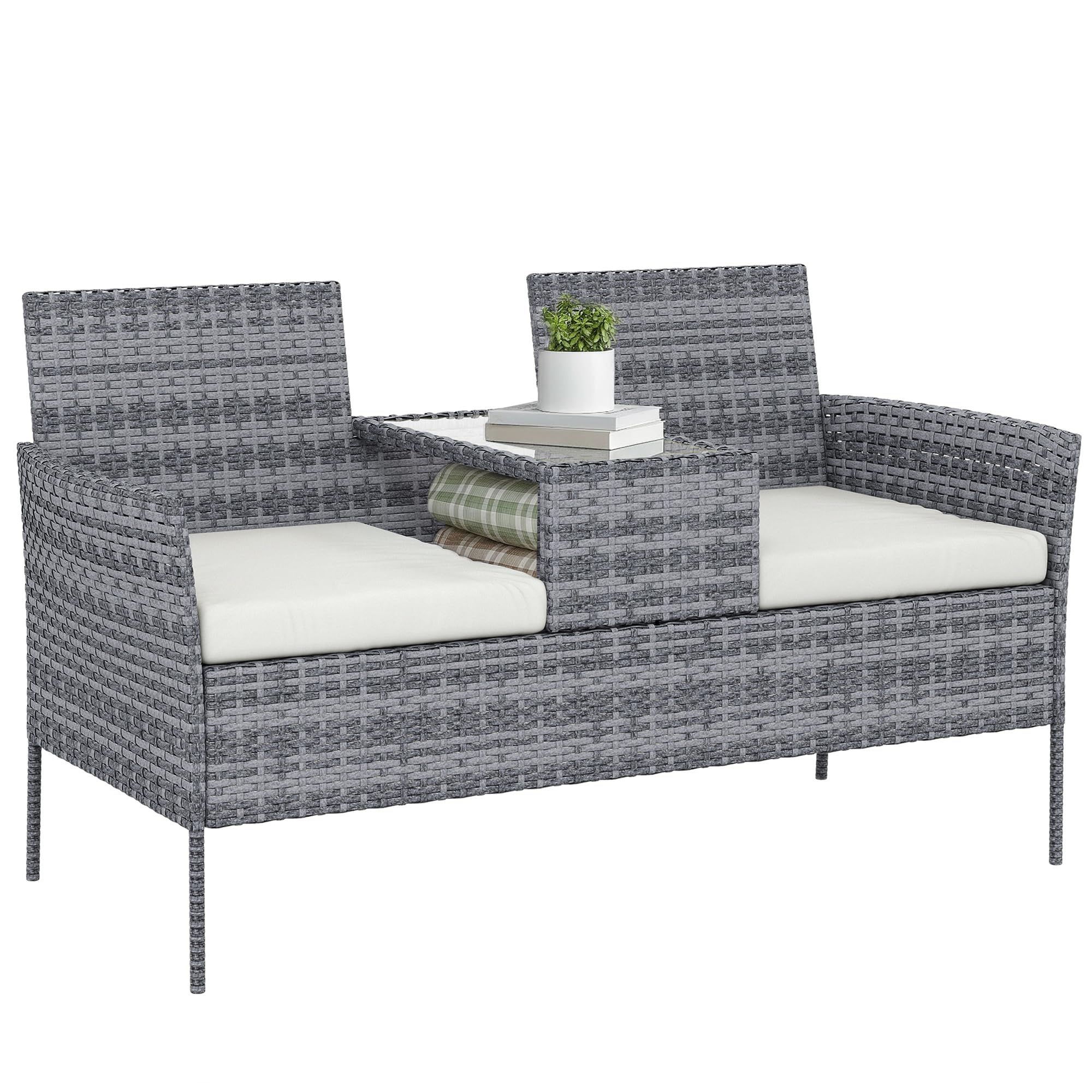 Outsunny Banc de Jardin en résine tressée 2 Places 135x64x81 cm Noir crème