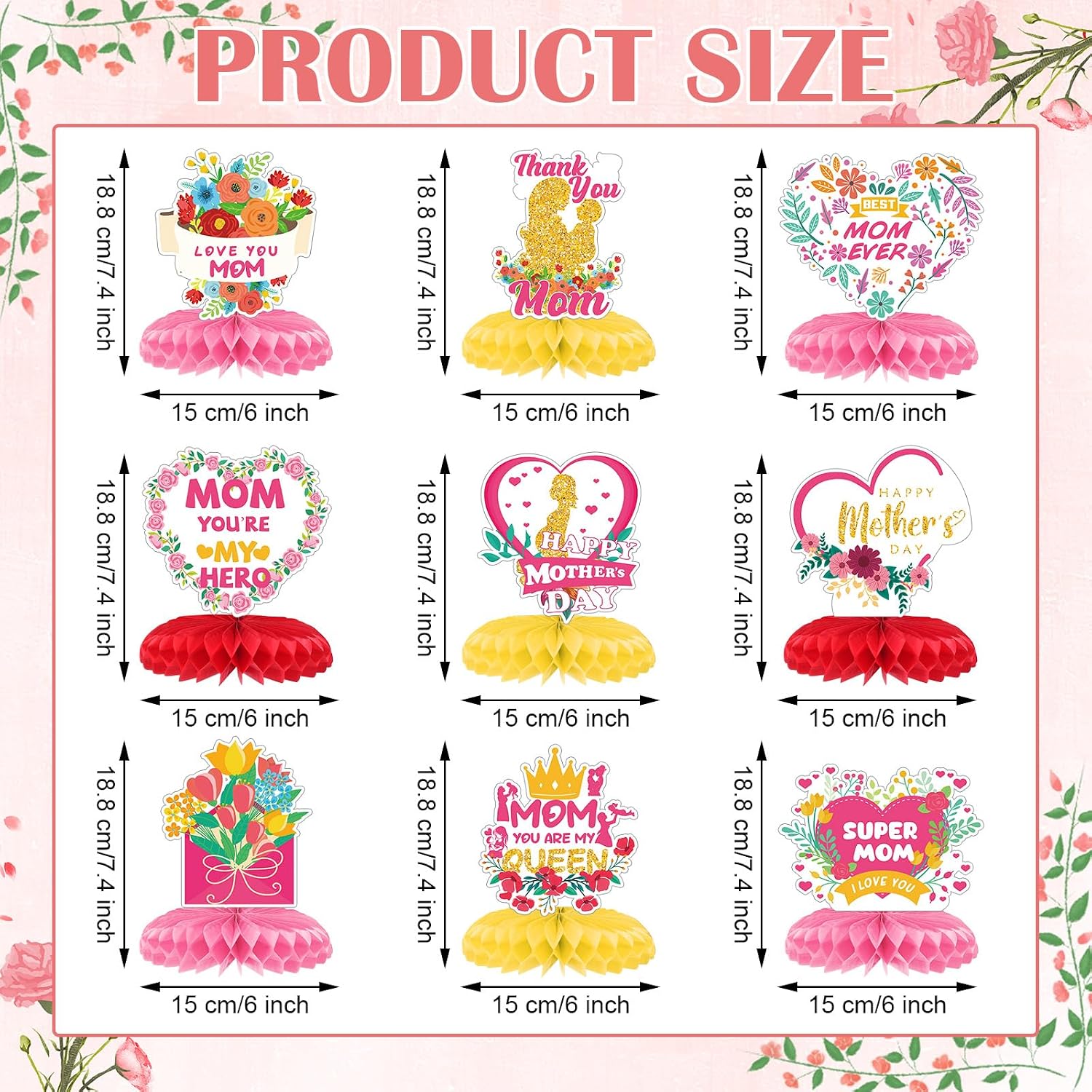 Yexiya 9 Pcs Red Pink Mother's Day Honeycomb Centerpieces Table Decorations image 2