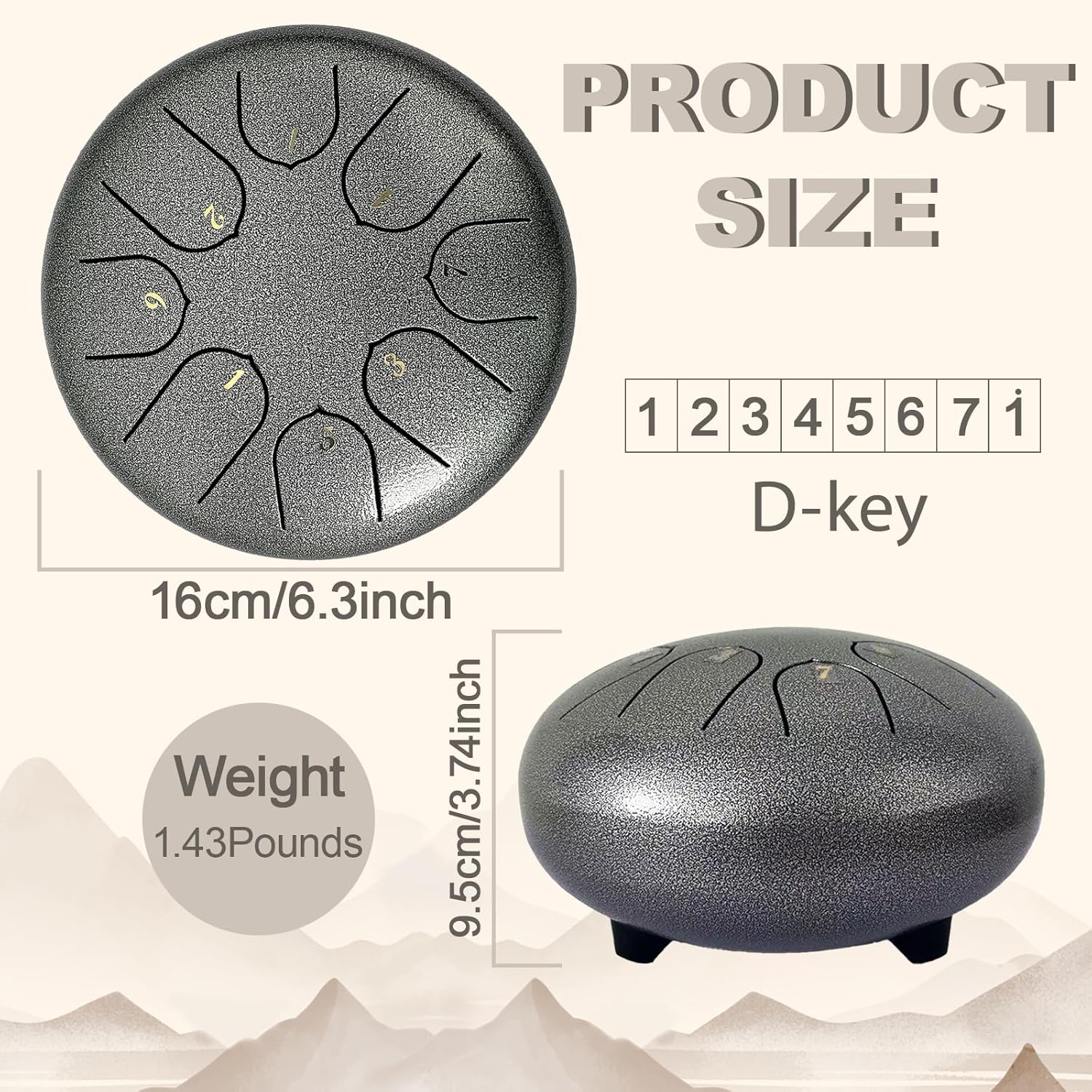 TUOKING Steel Tongue Drum 6 Inch 8 Notes D Major Rain Drum with Carry Bag,Hand pan Drum Mallet and Music Book - Perfect Zen Meditation Instrument, Gift for Beginners & Adults(Silver)