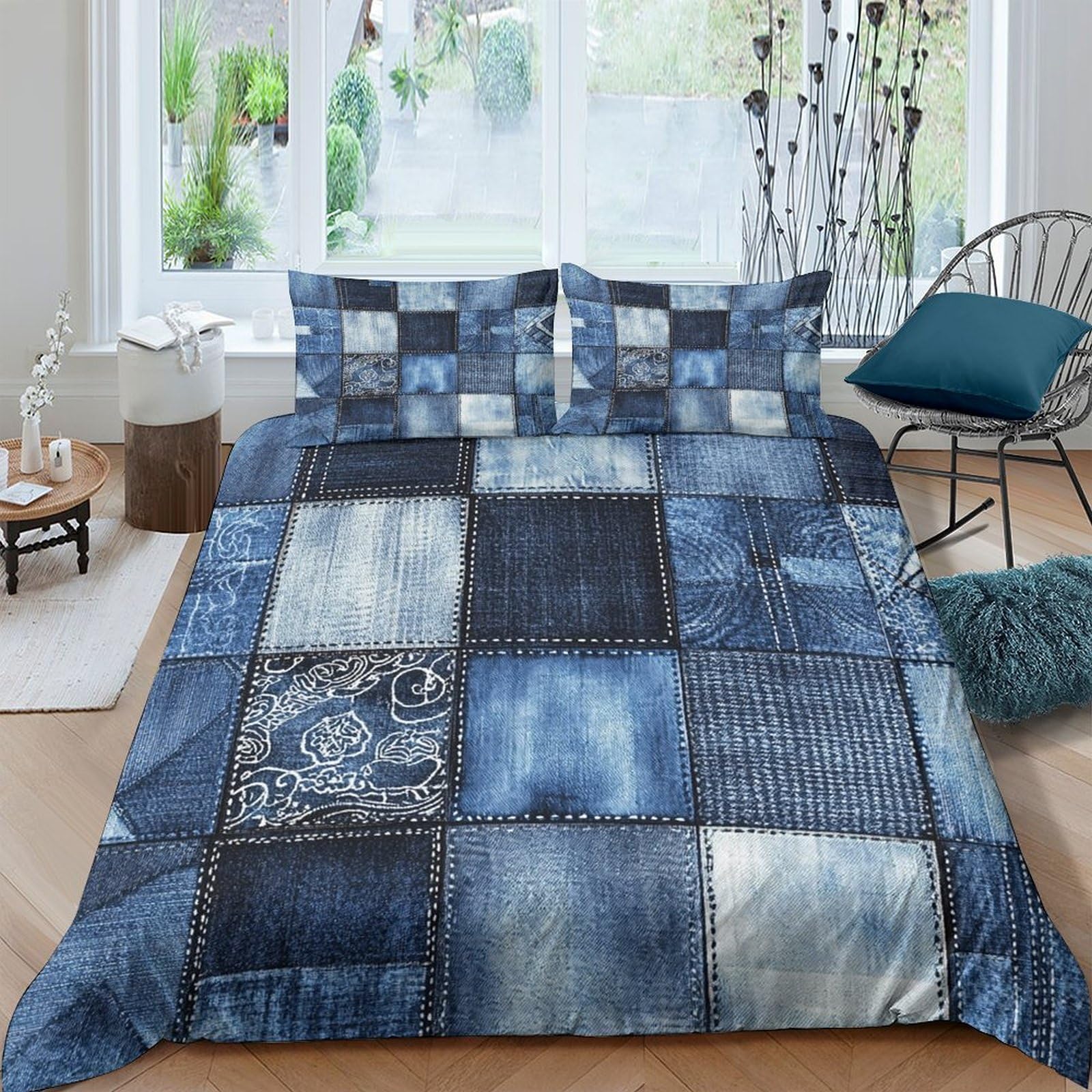 Ctjqhvkz Style-4 3D Printed Denim Patchwork Fitted Sheet Microfiber Soft Blue Bedroom Decor Paisley Bed Cover For Adults Teens Single（135X200cm）