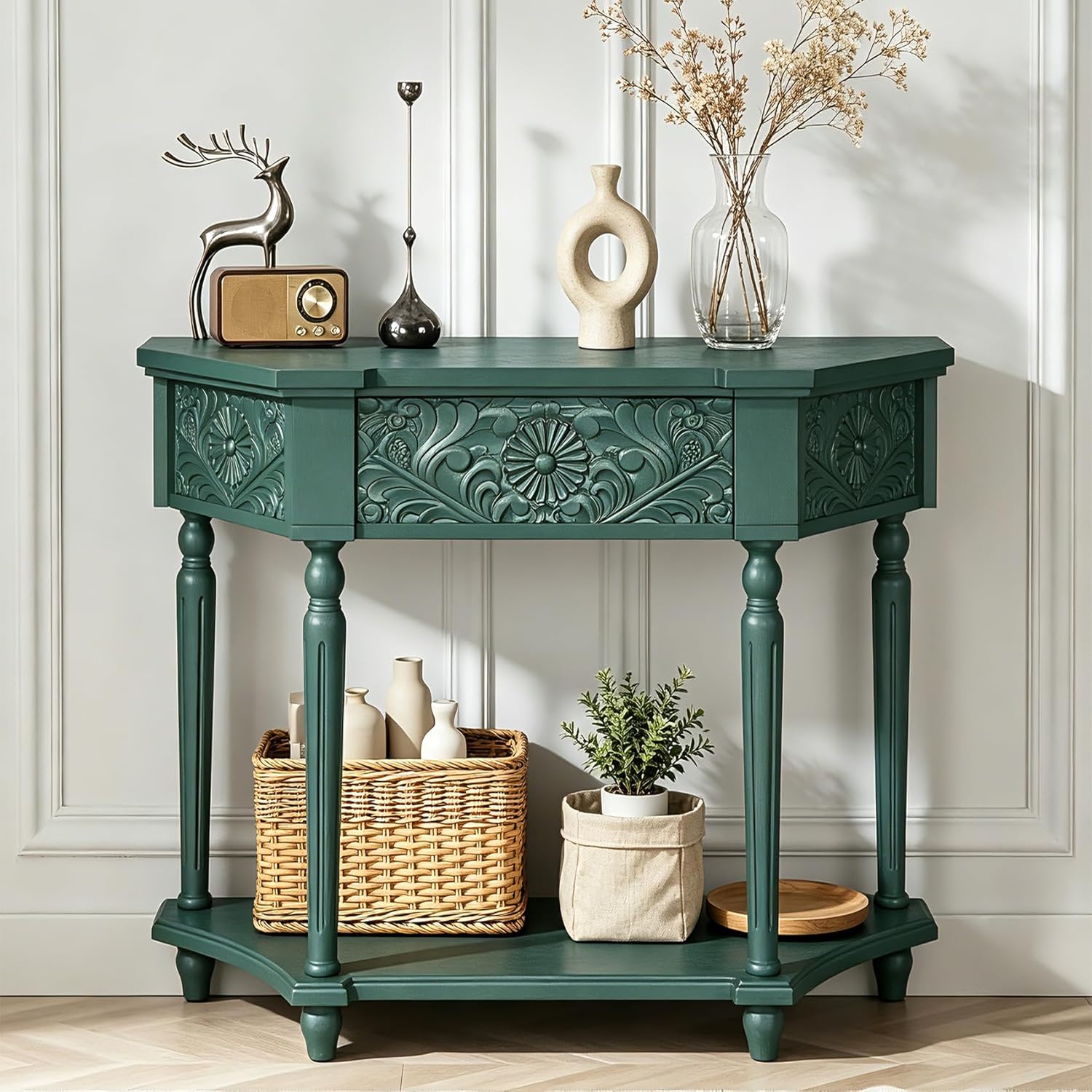 Retro Console Table with Open Style Shelf and 1 Top Drawers, Elegant Carved 1 Drawer End Table, Side Table, 40" W Entry Table with Solid Wooden Legs for Living Room, Hallway (Dark Dreen)