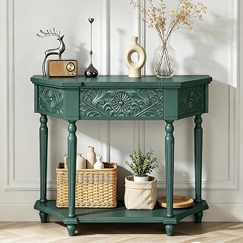 Retro Console Table with Open Style Shelf and 1 Top Drawers, Elegant Carved 1 Drawer End Table, Side Table, 40" W Entry Table with Solid Wooden Legs for Living Room, Hallway Dark Dreen
