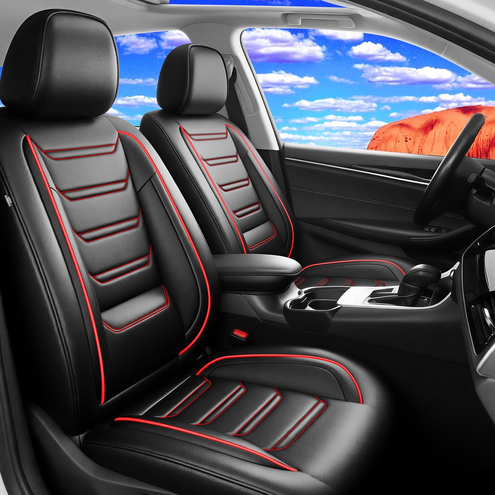 Fit Maverick Car Seat Covers (Front Pair) for Select Ford Maverick 2022-2026 - Premium Full Coverage Leather, Airbag Compatible, Waterproof & All Weather Seat Cushion Protector, Red Trim