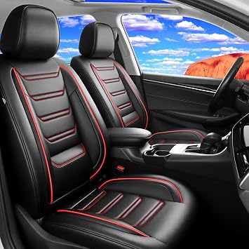 Fit Patriot Car Seat Covers Front Pair for Select Jeep Patriot 2007-2017 - Premium Full Coverage Leather, Airbag Compatible, Waterproof & All Weather Breathable Seat Protector, Red Trim