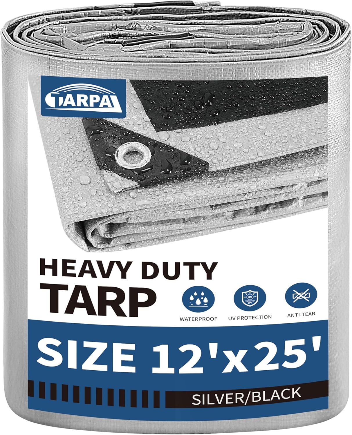 12x25 Tarps Silver 10.5Mil Multipurpose Protective Cover Heavy Duty Tarp UV Resistant Waterproof,Lightweight, Durable Reinforced Edges 12x25 Feet-Finished size
