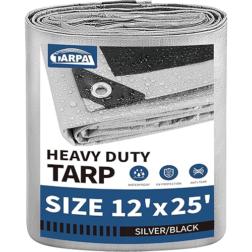TARPAL 12x25 Feet Tarps Silver 10.5Mil Multipurpose Protective Cover Heavy Duty Tarp Waterproof,Snow or UV Protection,Durable Reinforced Edges