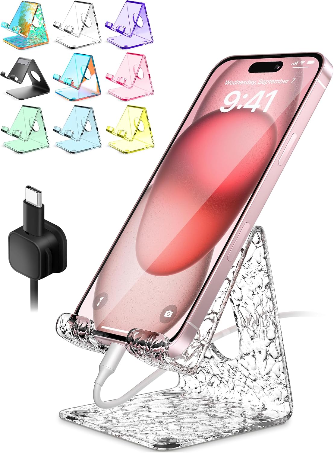 Acrylic Cell Phone Stand, Clear Phone Holder for Office Desk, Vanity, Kitchen Counter, Bedside Table, Compatible with iPhone 17 16 15 14 13 12 11 Pro Max Plus/Smartphones/iPad/Switch - Wave