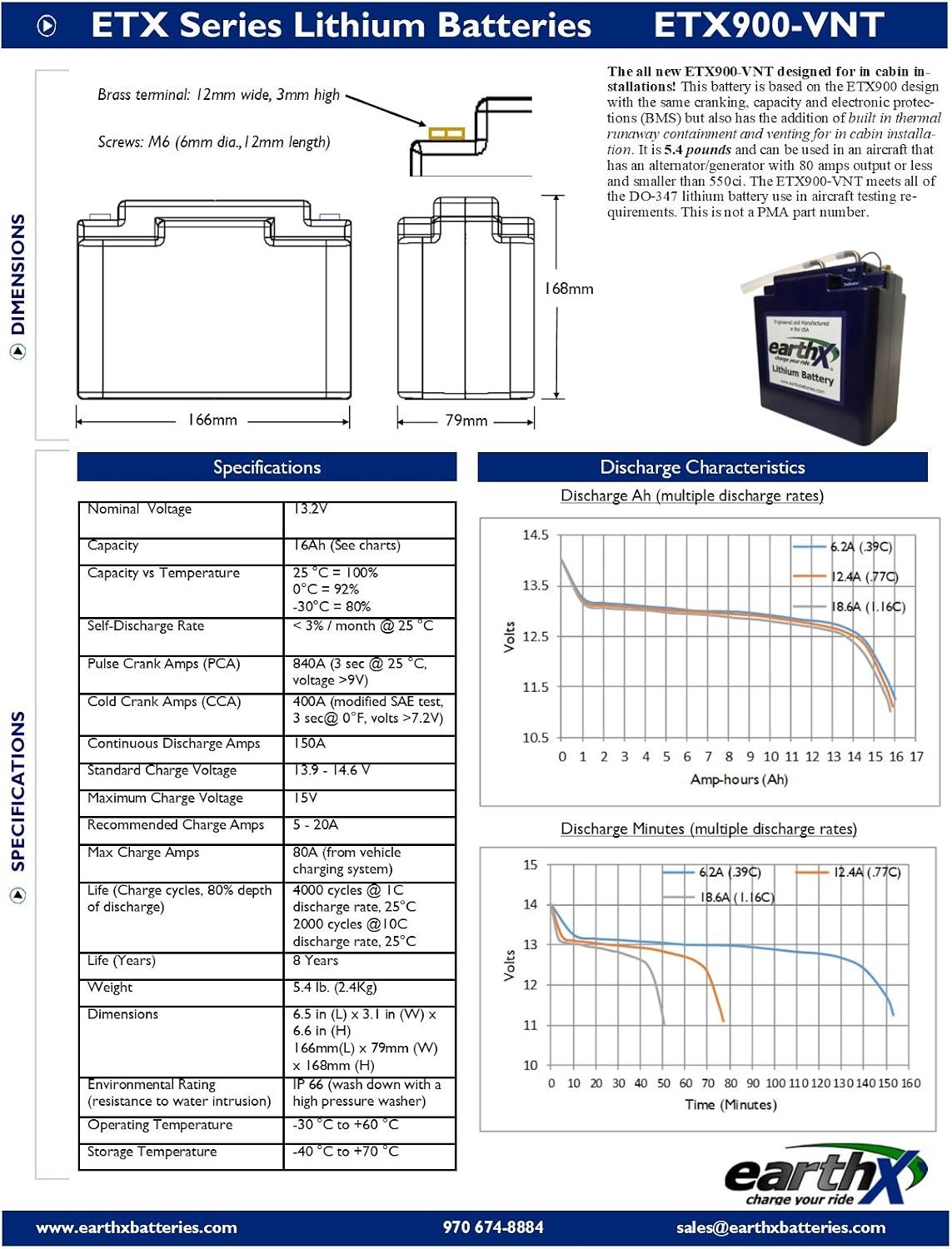 EarthX ETX900-VNT Lithium Iron Phosphate (LiFePo4) Aircraft battery with BMS