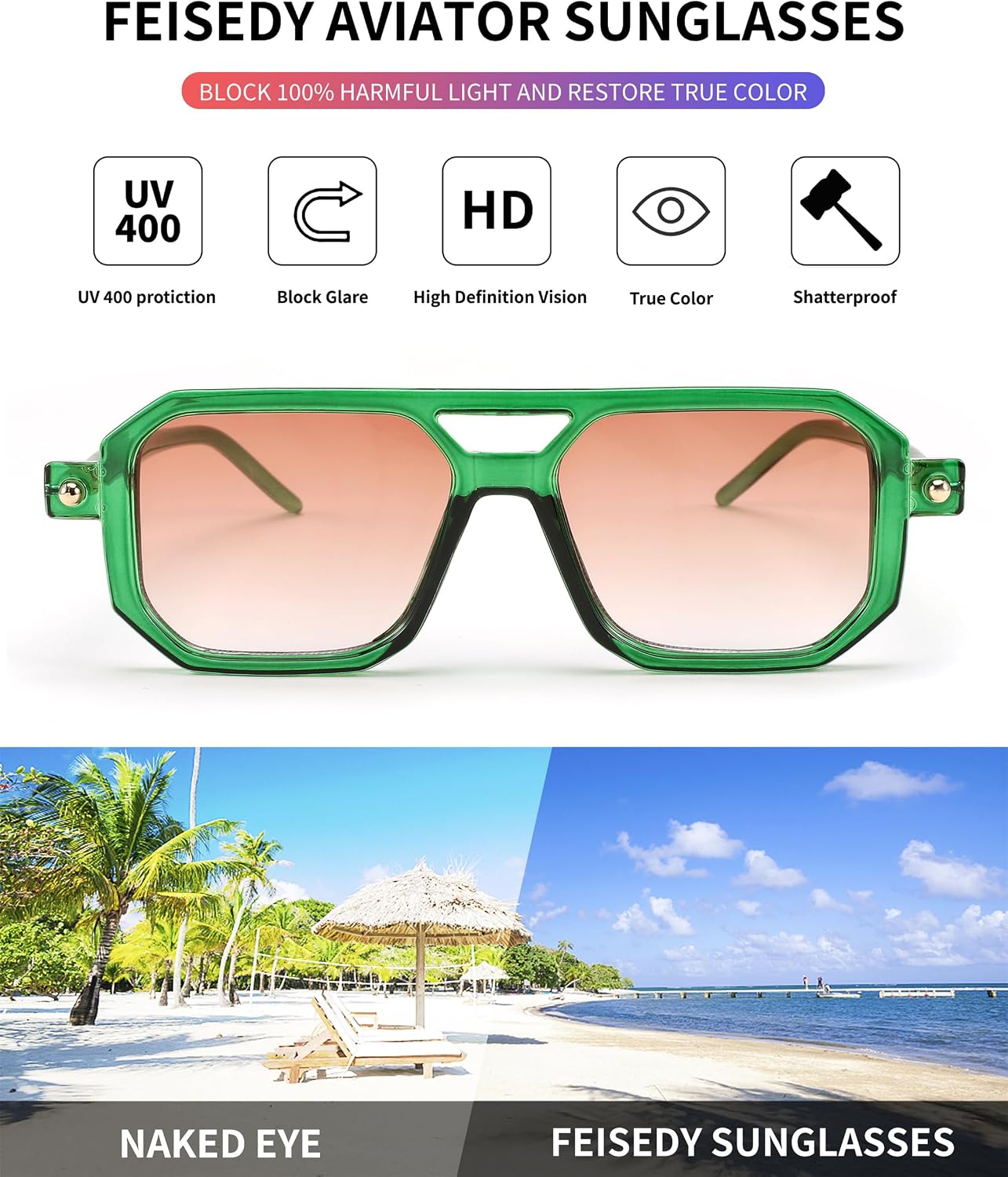 FEISEDY Vintage Square 70s Flat Aviator Sunglasses Women Men Classic Retro Stylish Frame UV400 Sunglasses B2622