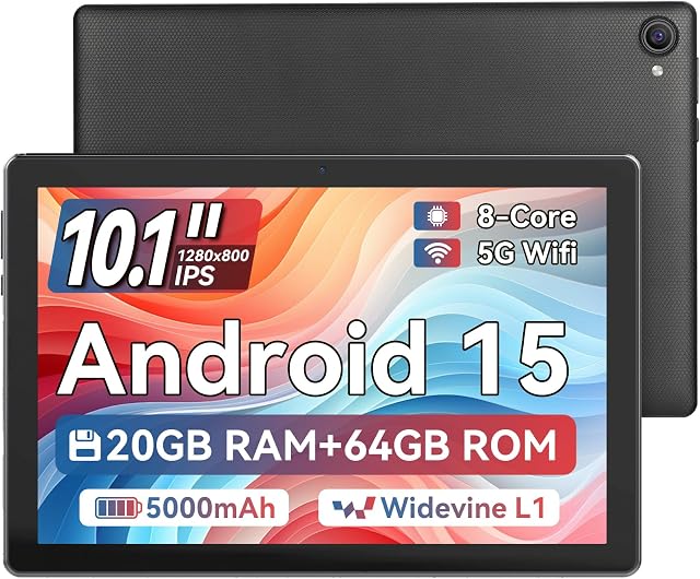 Tablet, 10.1 Inch Android 15 Tablet with 20GB RAM 64GB ROM 1TB Expansion, Octa-core Processor, HD IPS Touchscreen Dual 5MP+8MP Camera, WiFi 6, BT 5.4, Widevine L1 (Black)