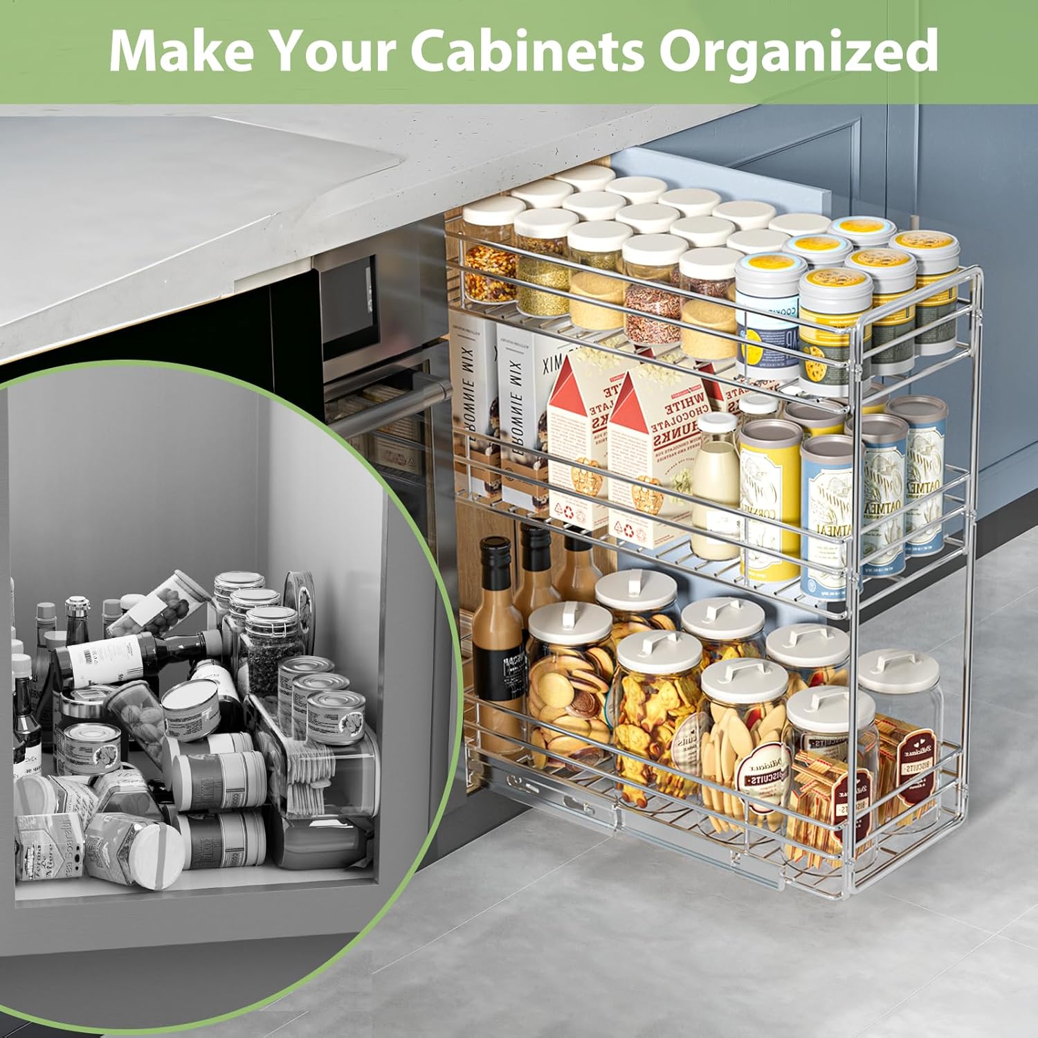Pull Out Spice Rack Cabinet Organizer 5½" W x 20½" D, 3 Tier Heavy Duty Sliding Spice Cabinet Organization for Narrow Cabinet, Pull Out Shelves for Kitchen