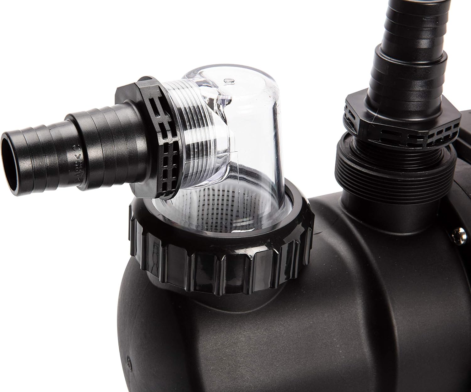 Close-up of the pre-filter and inlet connection with hose