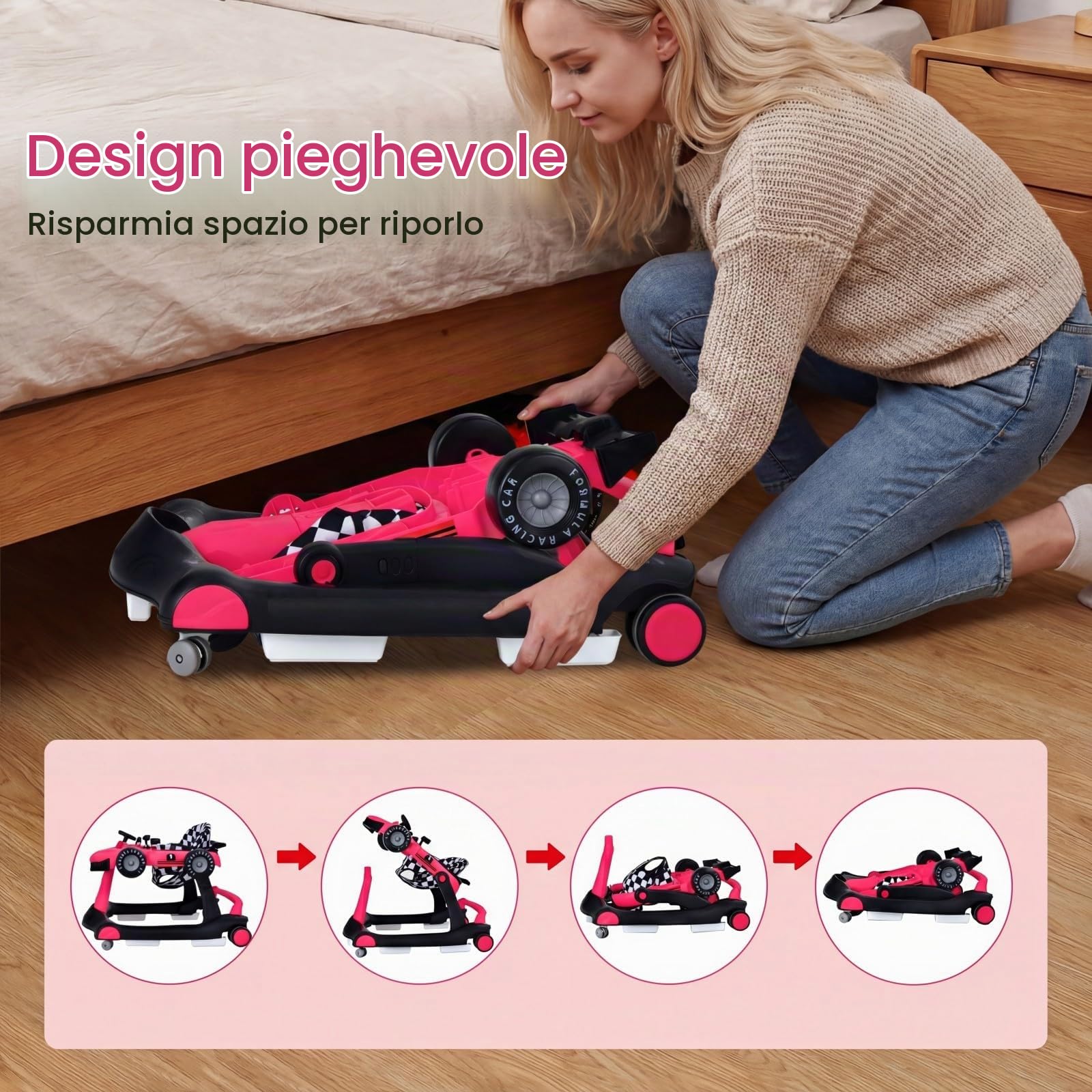 RELAX4LIFE Girello per Bambini 6 in 1 con Luci e Suoni, Vassoio Giocattolo Rimovibile, 2 Velocità Ruote e 3 Altezze Regolabili 50,5/53,5/55,5 cm, Portata 12 kg (ROSA SHOCKKING)