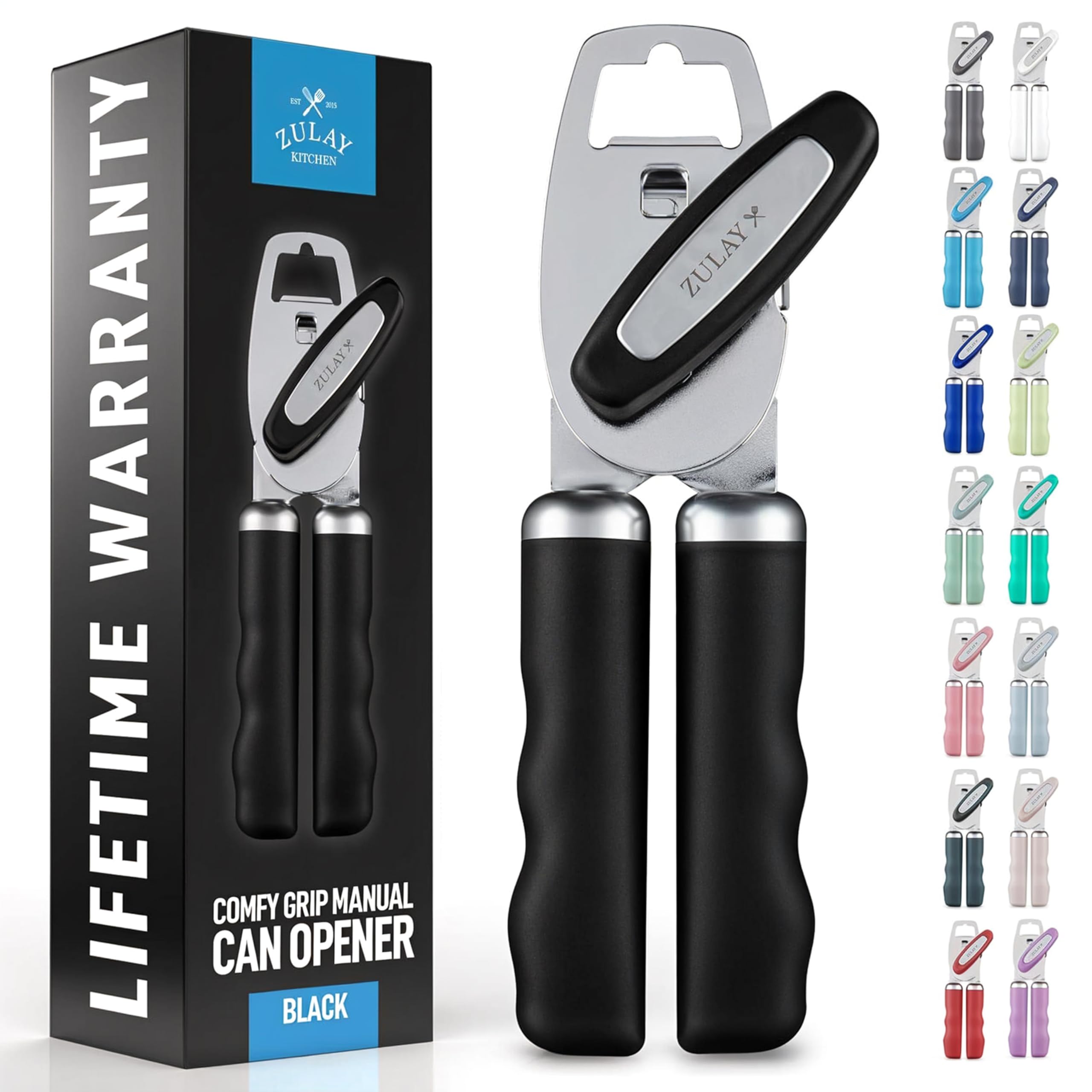 Zulay Kitchen Heavy Duty Stainless Steel Can Opener Manual with Bottle Opener - Rust Proof Manual Can Opener With Turn Knob & Comfy Soft Grip Handles - Black