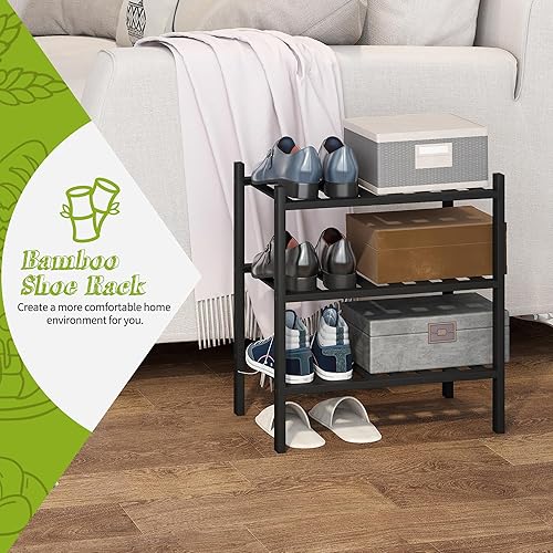 Miniatura 3 de BMOSU Zapatero pequeño de bambú de 3 niveles apilable de alta calidad, organizador de almacenamiento para pasillo, armario, sala de estar,