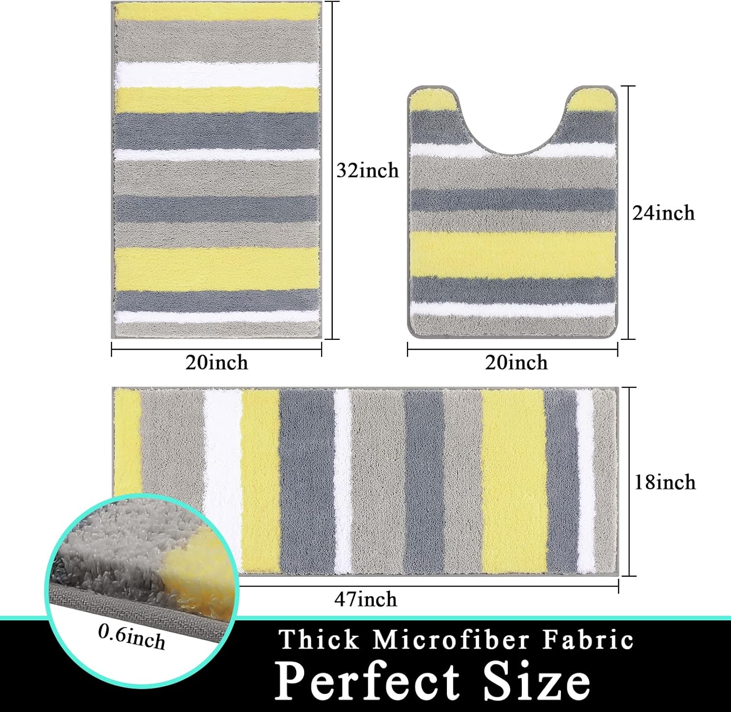 Vaukki 3 Piece Bathroom Rugs Set, Non Slip Shaggy Microfiber Bath Shower Mats Set, Plush Absorbent Washable Bath Rugs Runner for Bathroom, Tub and Shower (Yellow, 20''x24''+20''x32''+18''x48'')