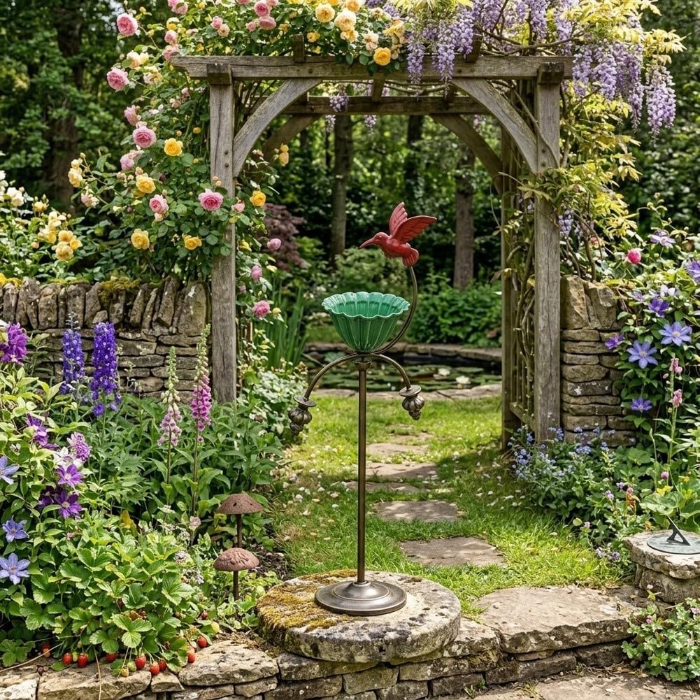 Elegante mangiatoia per uccelli in metallo per ciotola di fiori, per mangiatoia per colibrì rosso e vasca da bagno per esterni, robusto palo decorativo da giardino in ferro battuto, ornamento verde e