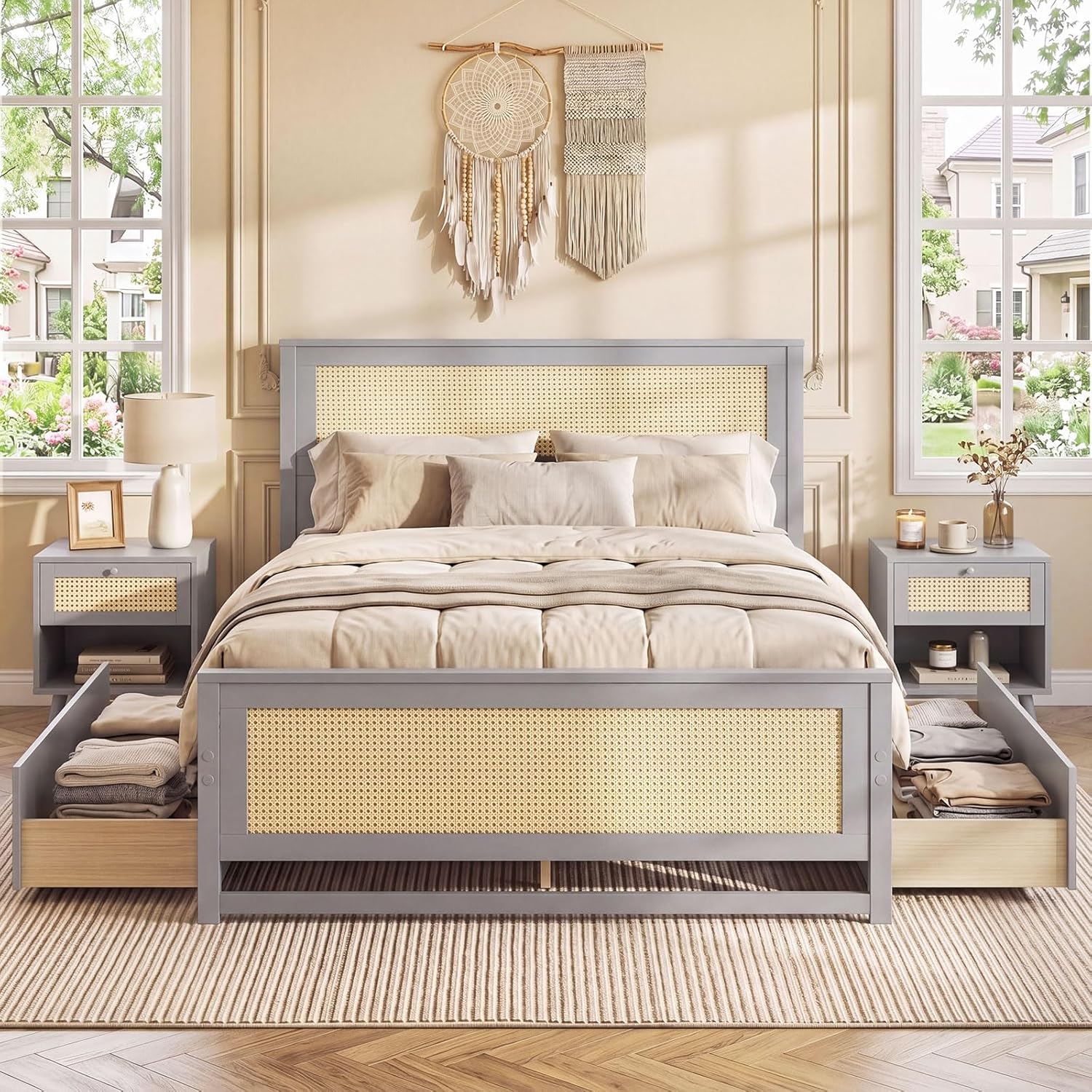 Giantex Rattan Bed Frame with 2 Storage Drawers, Full Boho Platform Beds w/Headboard & Footboard, Wood Mattress Foundation, Full Size Bed Frame for Adults, No Box Spring Needed (Grey, Full)