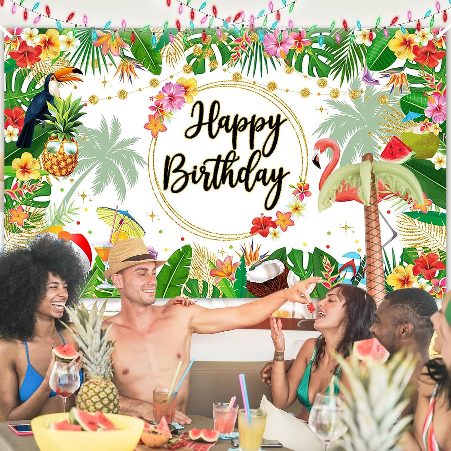 Avezano Summer Hawaiian Birthday Backdrop Tropical Flamingo Beach Birthday Party Decorations Palm Pineapple Aloha Happy Birthday Party Supplies 70.8 x 43.3 Inch