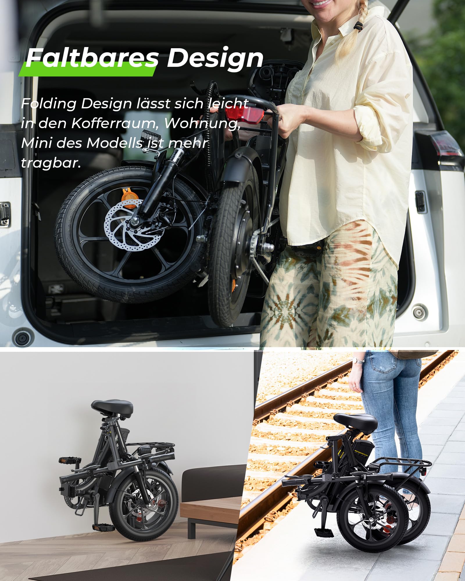 Finbike Klapprad E-Bike 16 * 2.15 Zoll Fat Tire,Tragbares Elektrofahrrad mit 10.4Ah Abnehmbarem Akku,4 Fahrmodi,PAS Reichweite MAX 88KM,Falt-Elektrofahrräder für Herren Damen Pendeln