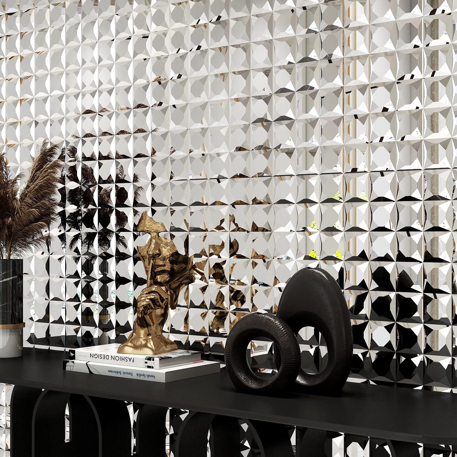 Lovdeco Peel and Stick 2" Mirror Glass Mosaic Tile 9 Faces Beveled Silver Crystal Mosaic Tile for Kitchen Backsplash, 12x10 Inch, 5 Sheets