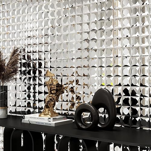 Miniatura 8 de Lovdeco Azulejo de mosaico de vidrio de espejo de 2 pulgadas, 9 caras, biselado de cristal plateado para salpicaduras de cocina, 12 x 10 pulgadas, 5