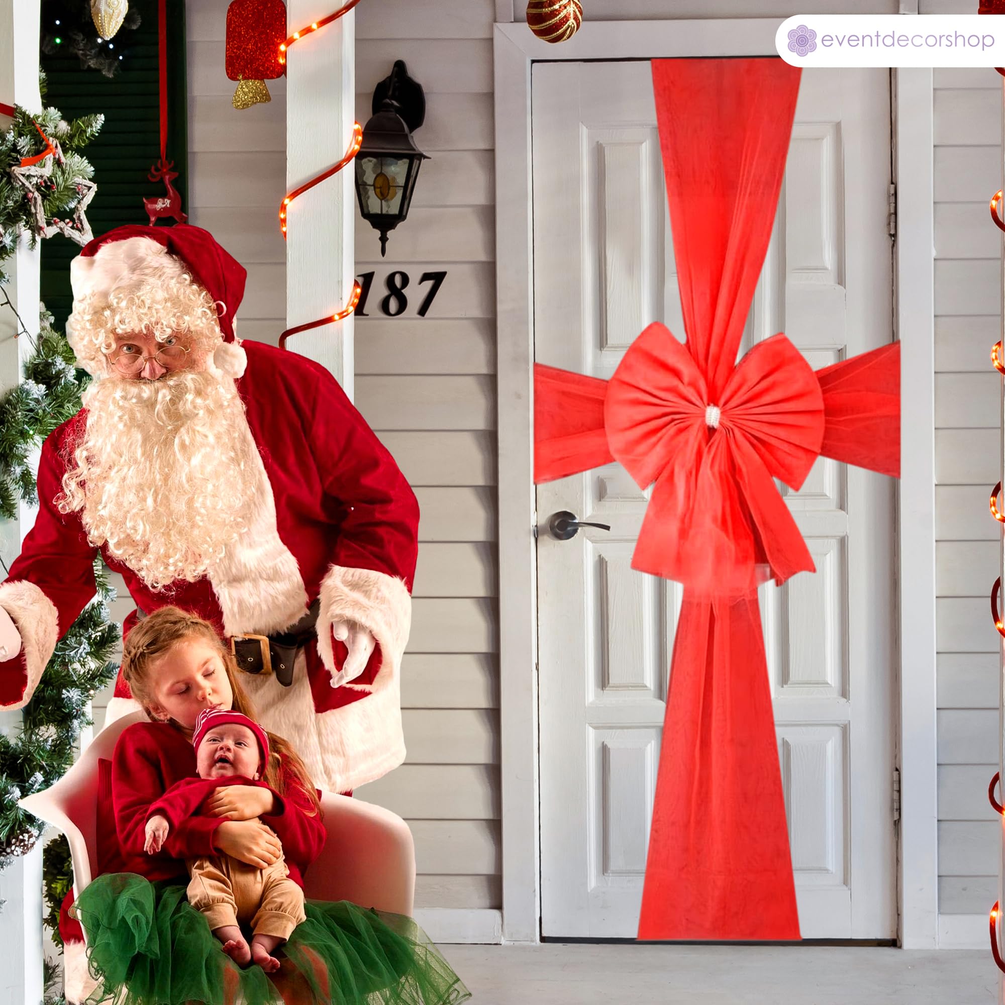 Event Decor Shop Duża czerwona kokarda do drzwi bożonarodzeniowych z diamentem – 7,5 m siatka organzy do drzwi wejściowych na Boże Narodzenie, ślub, baby shower i uroczystości, świąteczna dekoracja