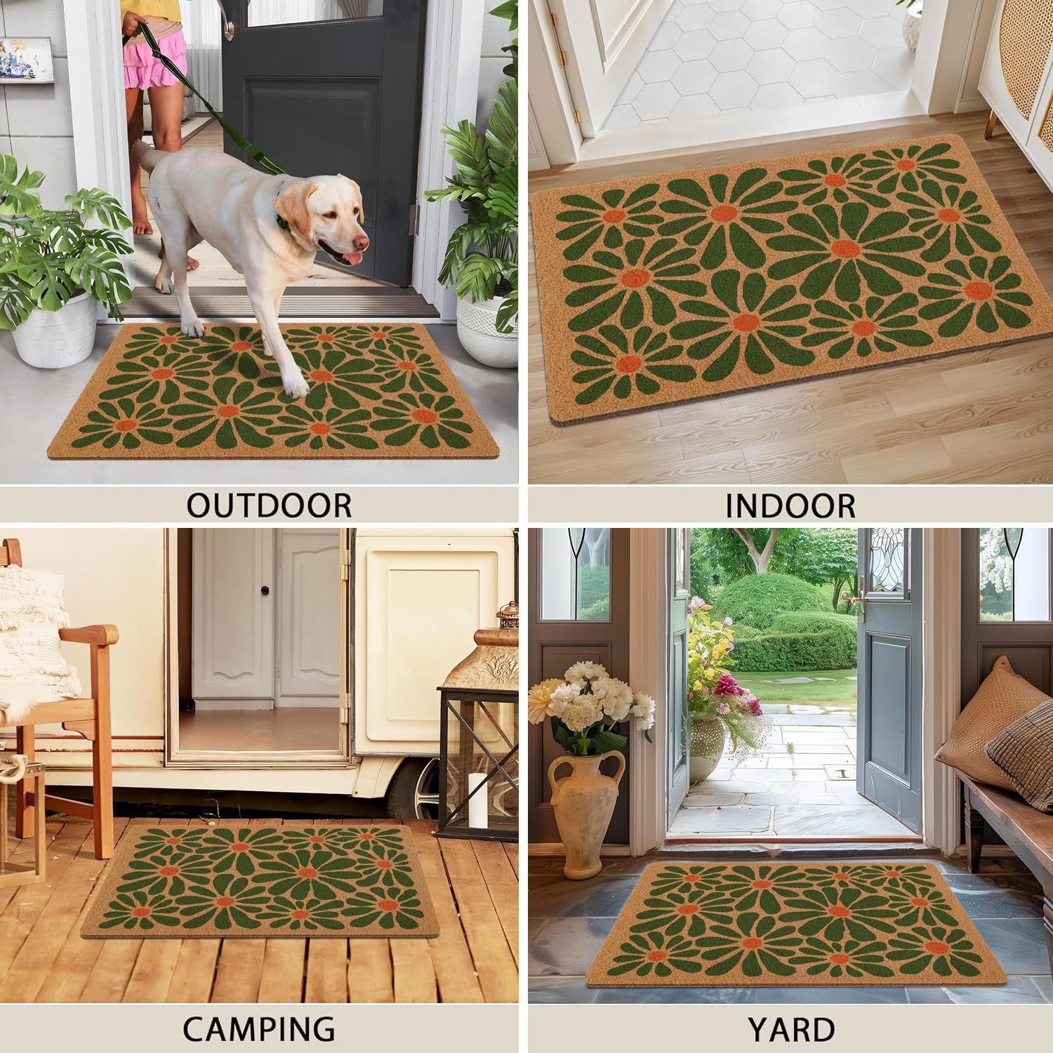 Cute Boho Door Mat Retro Floral Outdoor Welcome Mats,Outside Entrance Non Slip Doormat, Porch Back Door Home Decor(17X30in, Green Flower)
