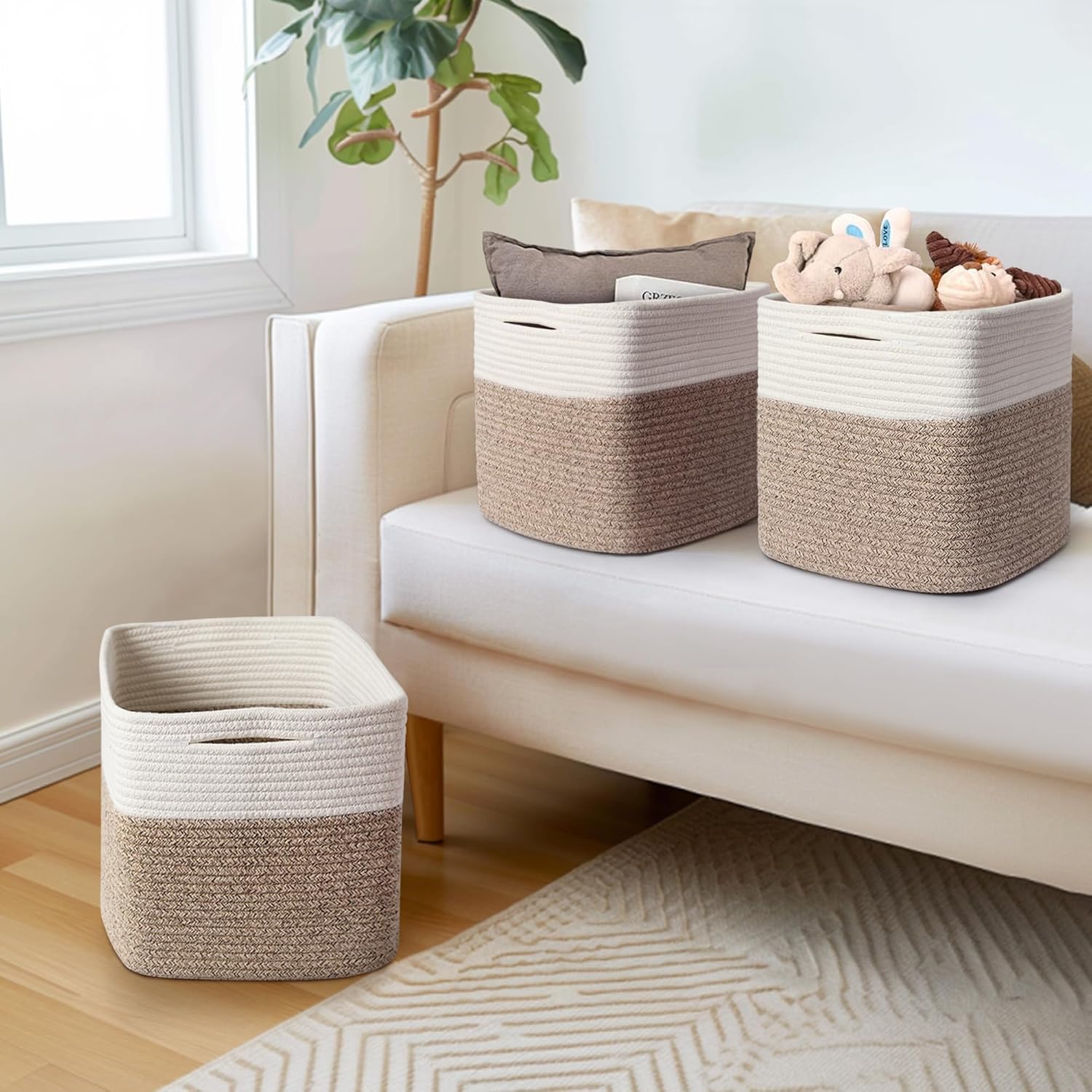 13x13x13 inch Cube Storage Bin, 3-Pack Woven Cotton Rope Baskets for Organizing, 13 inch Square Storage Cubes for Shelves, Cute Kids Toy Bin Box, Baby Nursery Decorative Closet Organizer