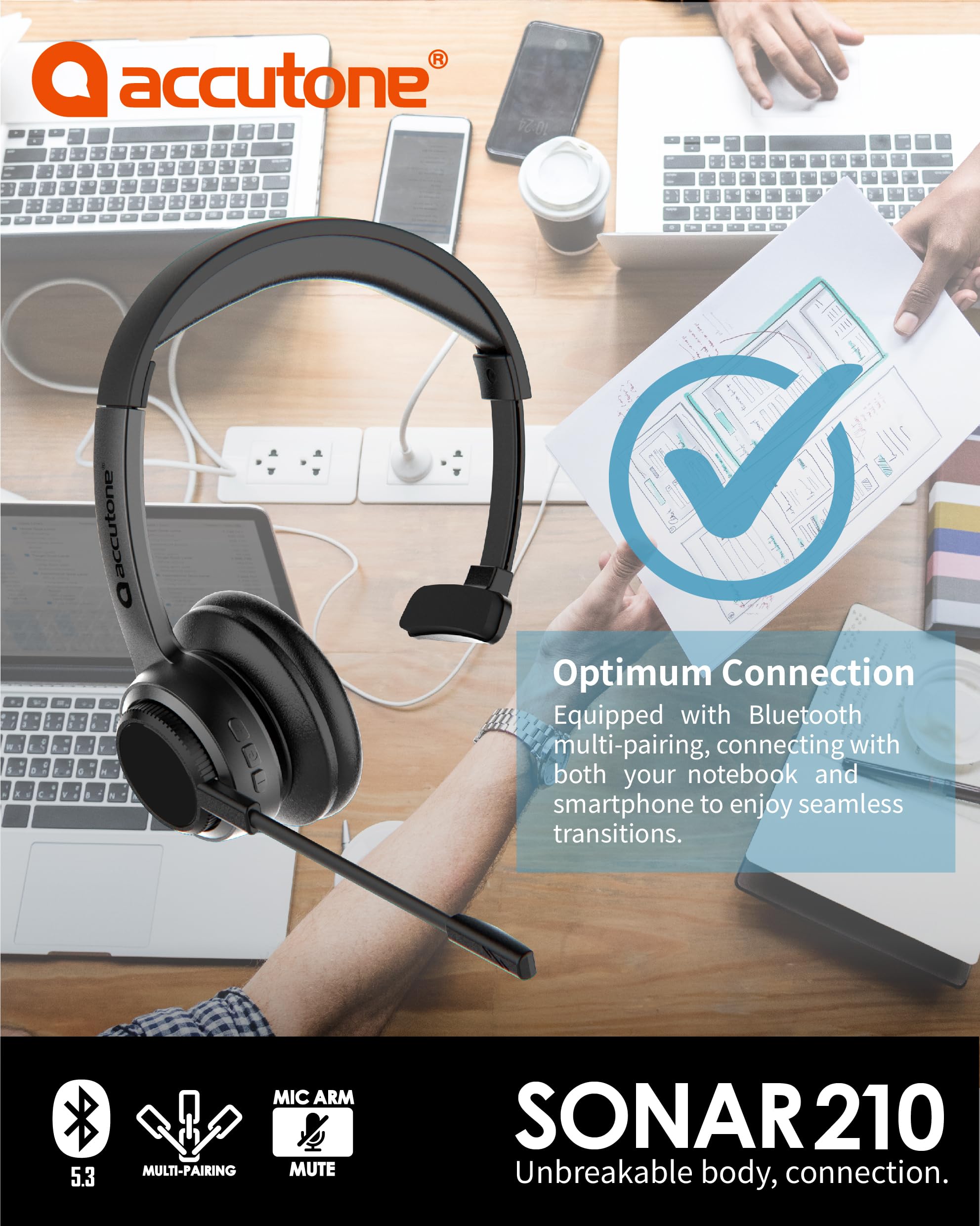 ACCUTONE Sonar 210 Mono Casque Bluetooth avec micro NC, batterie longue durée pour PC/Mac et téléphones portables, fonctionne avec MS Teams/Skype/Zoom