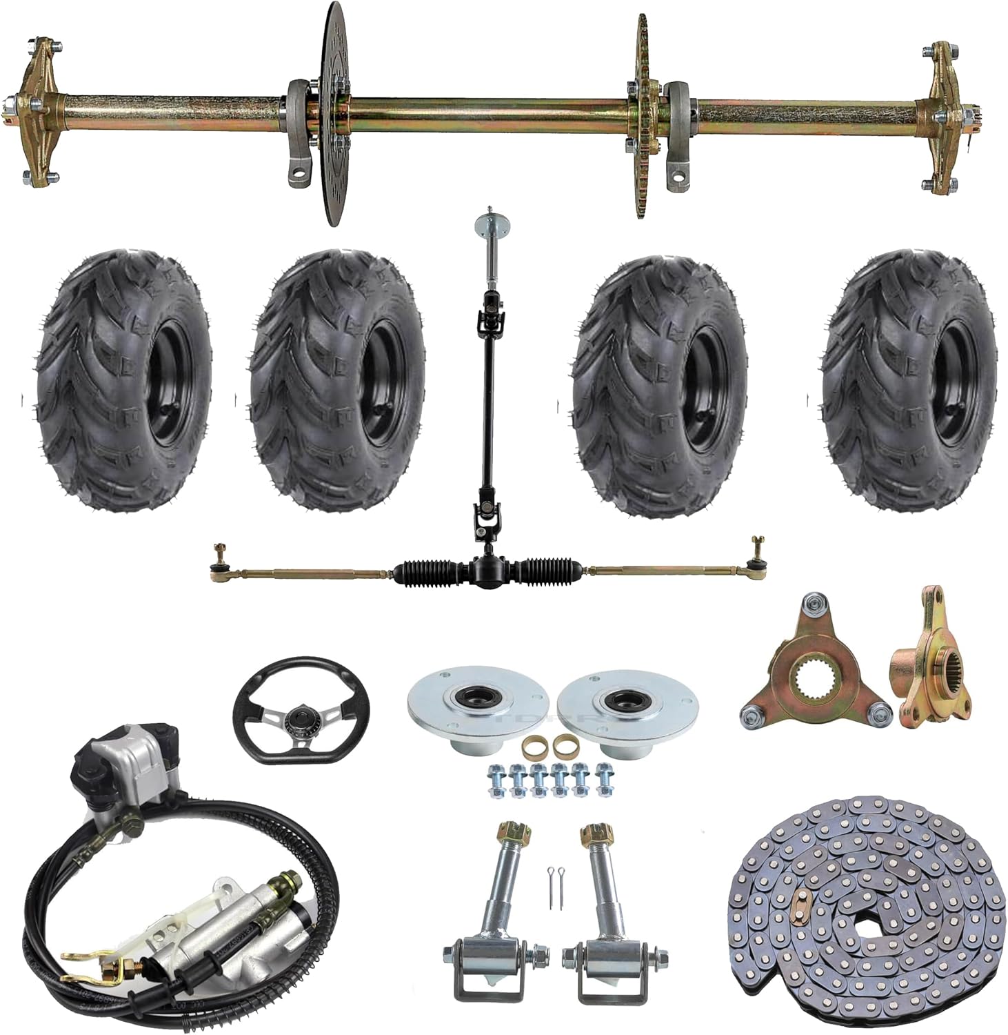 32" Rear Live Axle Kit with 145/70-6 Wheels, Sprocket, Brake Caliper, Steering Components, Pillow Blocks for Go-Karts, Mini Bikes, ATVs, Drift Trikes & DIY Vehicle Projects