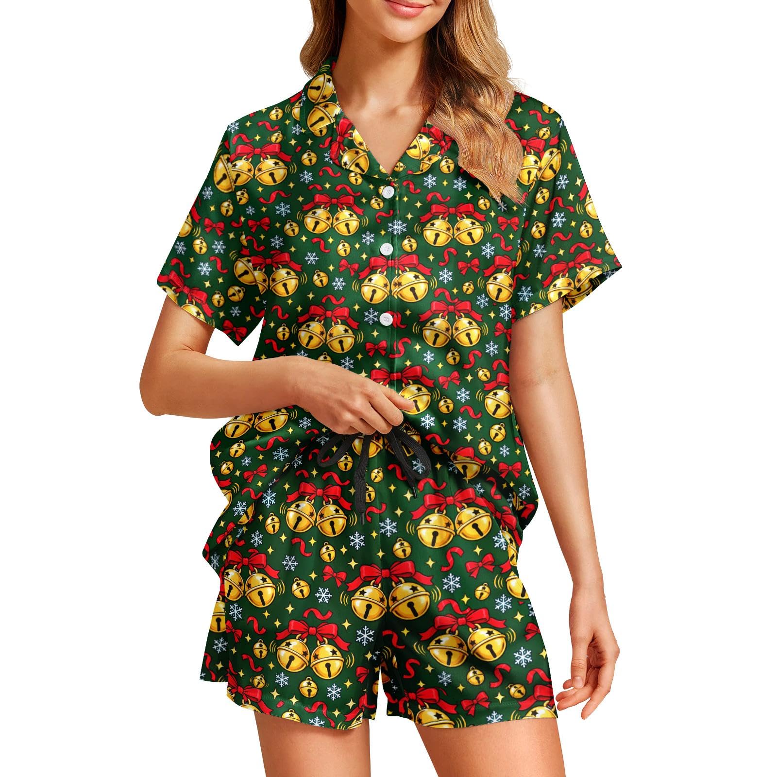Funny Pajamas for Women Set Print Satin Loungewear Pjs Short Sleeve Button Down Top and Shorts Sets Sleepwear XS-3XL