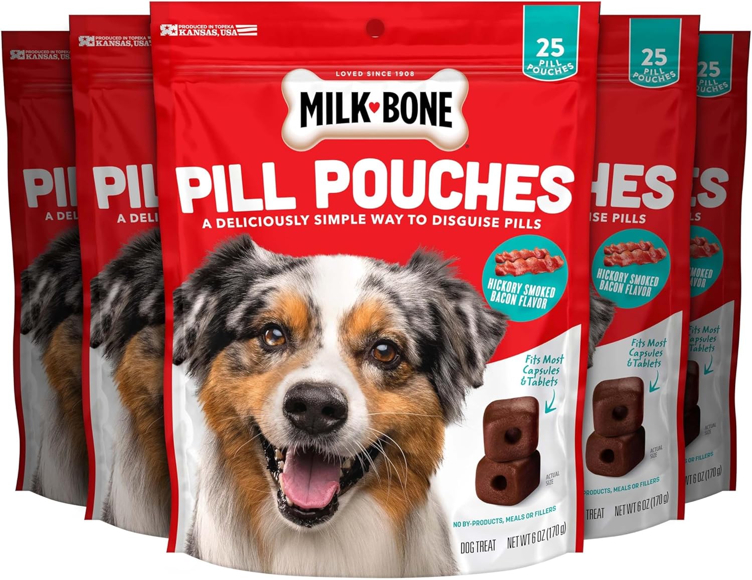 Milk-Bone Pill Pouches Hickory Smoked Bacon Dog Treats - Easy Pill Hider, Real Chicken, 6oz Pack of 5