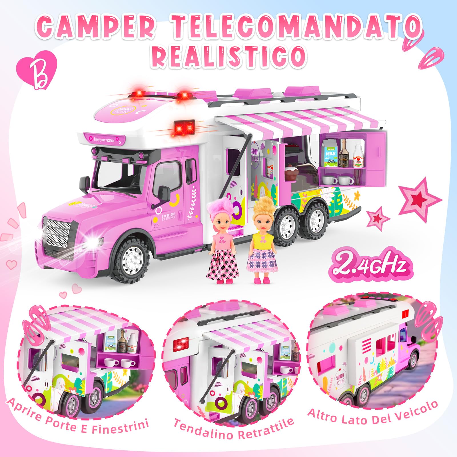 Charmofun Macchina Telecomandata Per Bambina, Auto Radiocomandata Rosa Con 2 Bambole, Telecomando, Luci E Suoni, Auto Telecomandato Ragazze 6 -12 Anni, Natale Compleanno Regalo (Rosa)