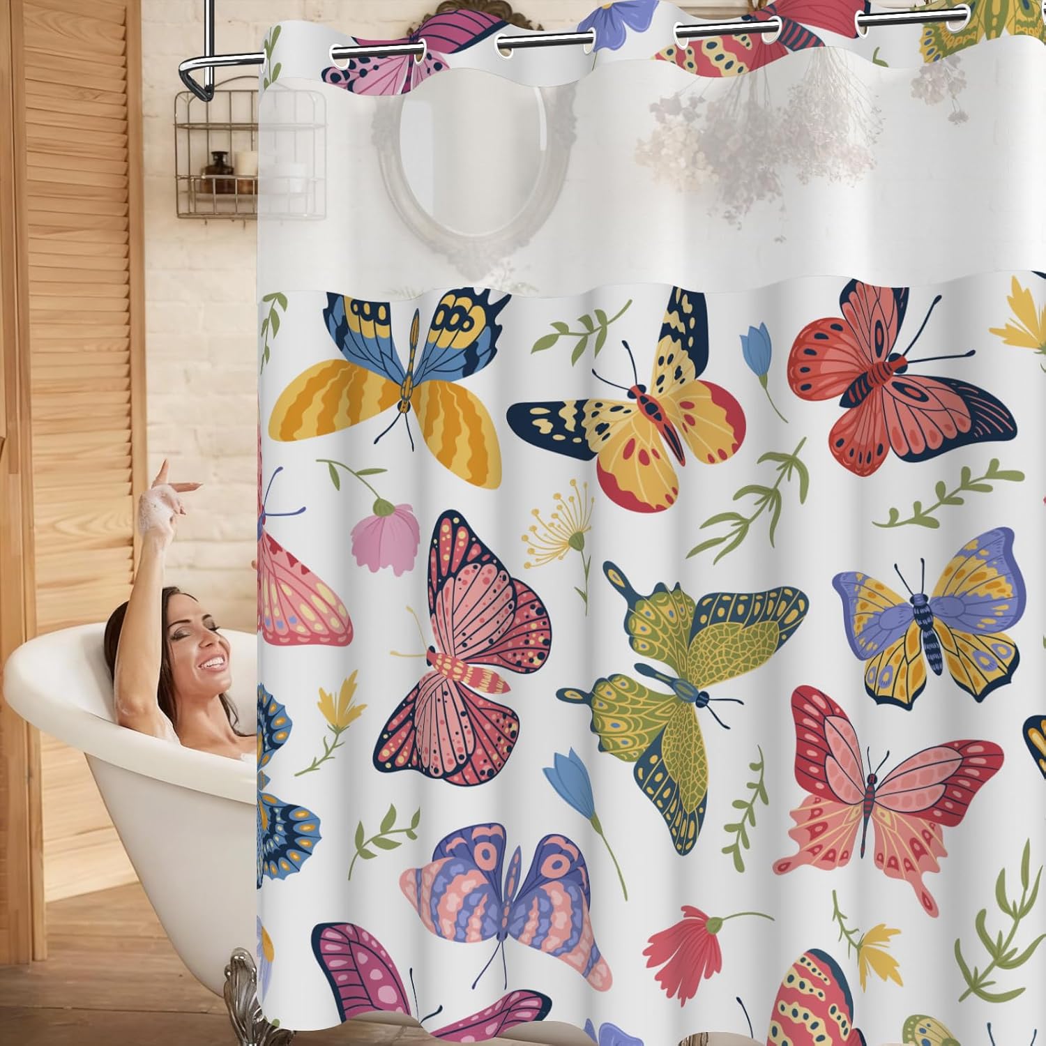 Bathroom Shower Curtain and Liner Set, Colorful Butterfly Garden Pattern No Hook Shower Curtain with Sheer Top Window and Weighted Hem, Double Layers Waterproof Fabric Shower Curtains, 71x74 Inches