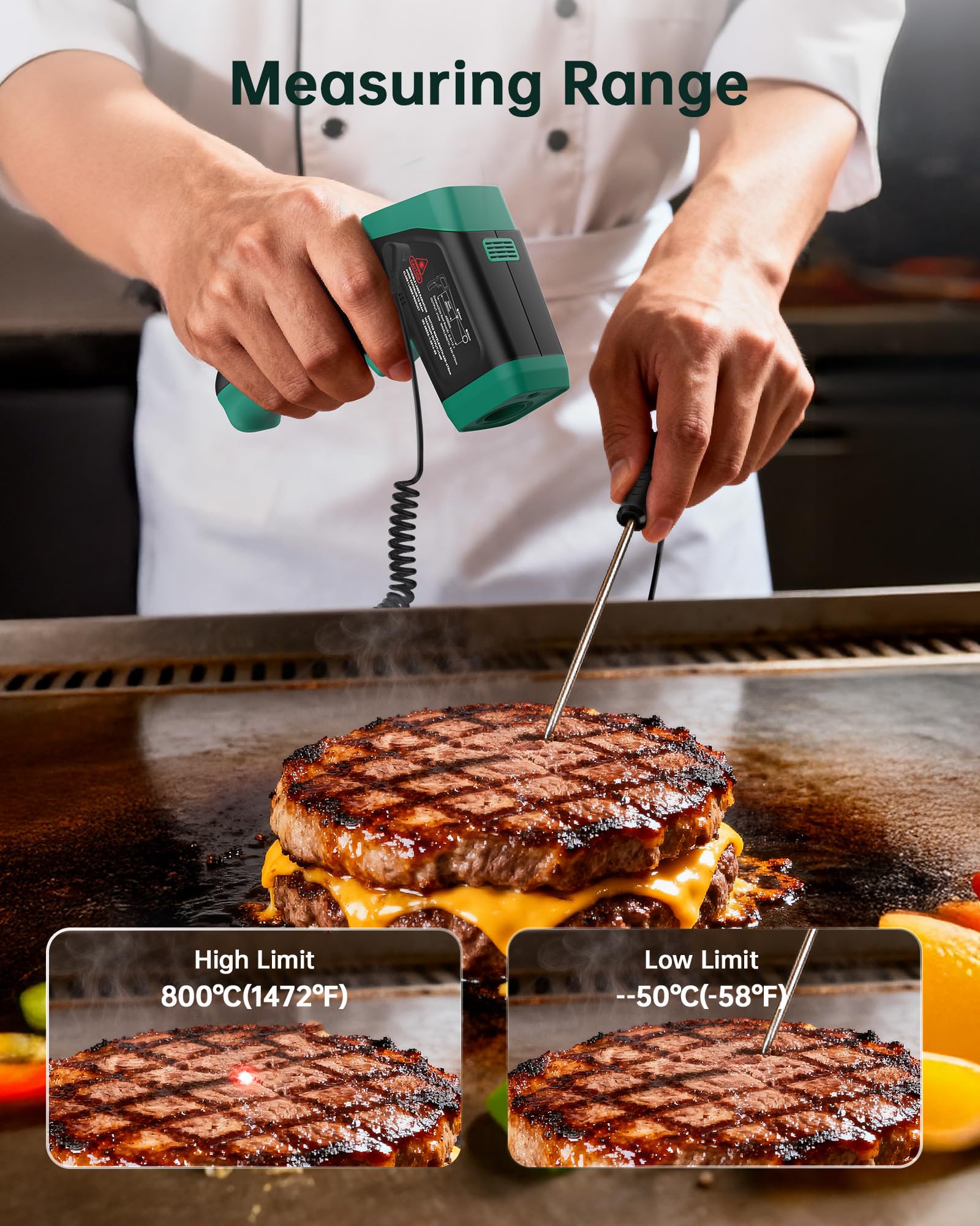 ERICKHILL Infrared Thermometer Gun, Dual Mode IR Laser Thermometer with -50°C~800°C and Meat Probe (-50°C~300°C), Non-Contact Digital Thermometer for Cooking, BBQ, and Industrial Use — Amazon image 3