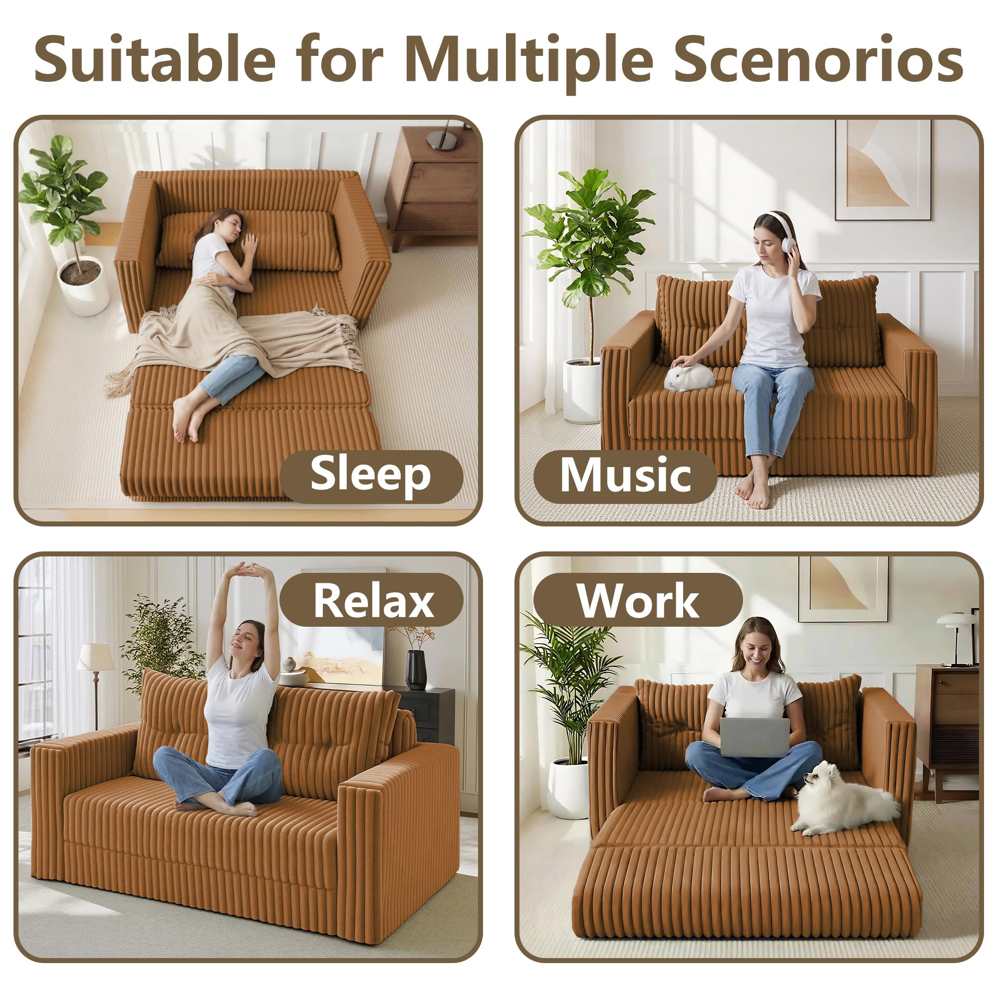 49.8" Loveseat Boneless Couch, 4-in-1 Convertible Sofa Bed, Plush Fur Folding Futon Sofa Bed Couches Without Pillow for Living Room, High-Density Foam Support, No Assembly Required, Orange