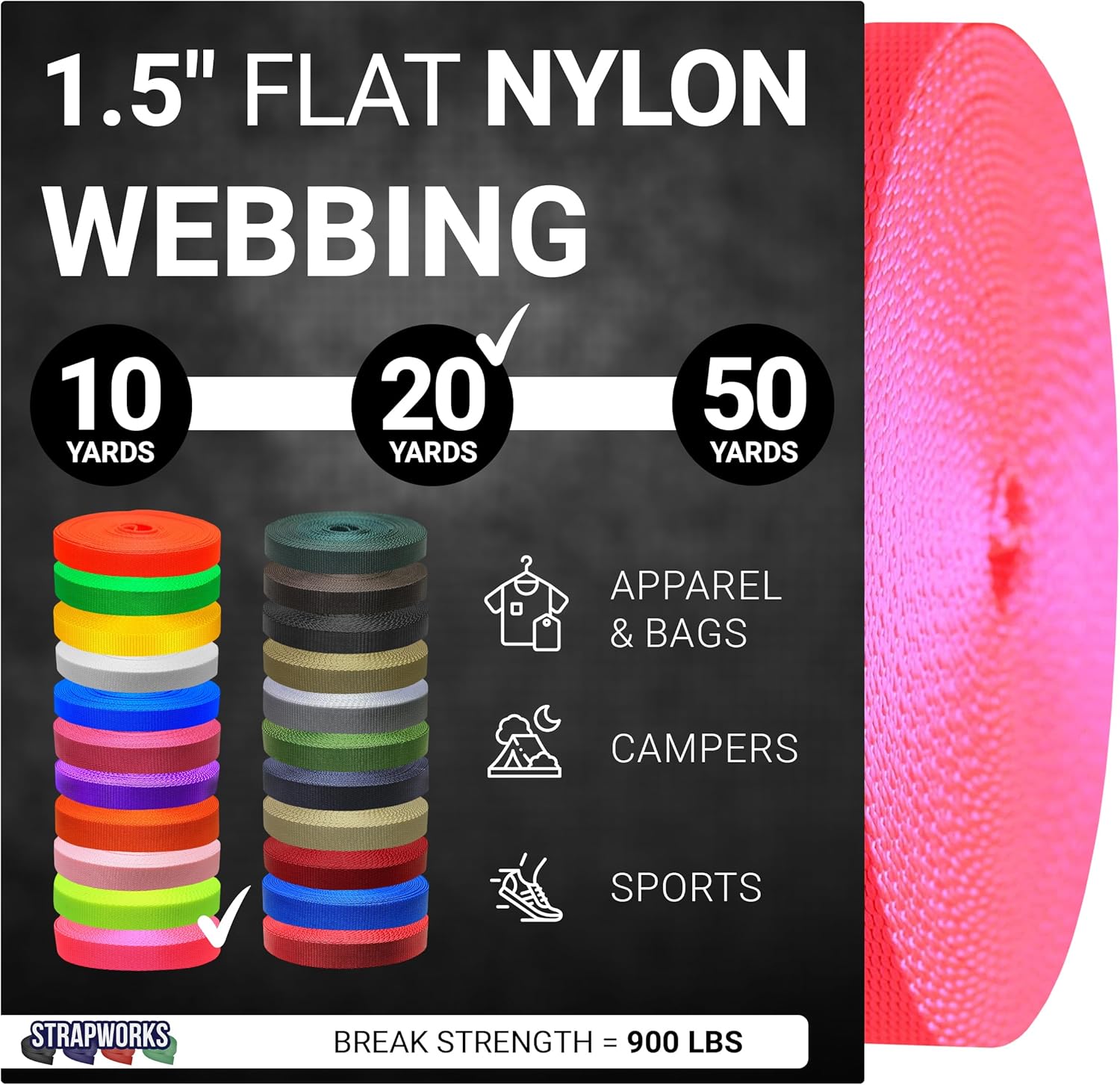 Strapworks 1.5 Inch Heavy Duty Nylon Webbing Strap Roll for Belt, Backpack, Sling, Collar, Leash, Strapping and More, 10, 20, or 50 Yards, Over 20 Colors