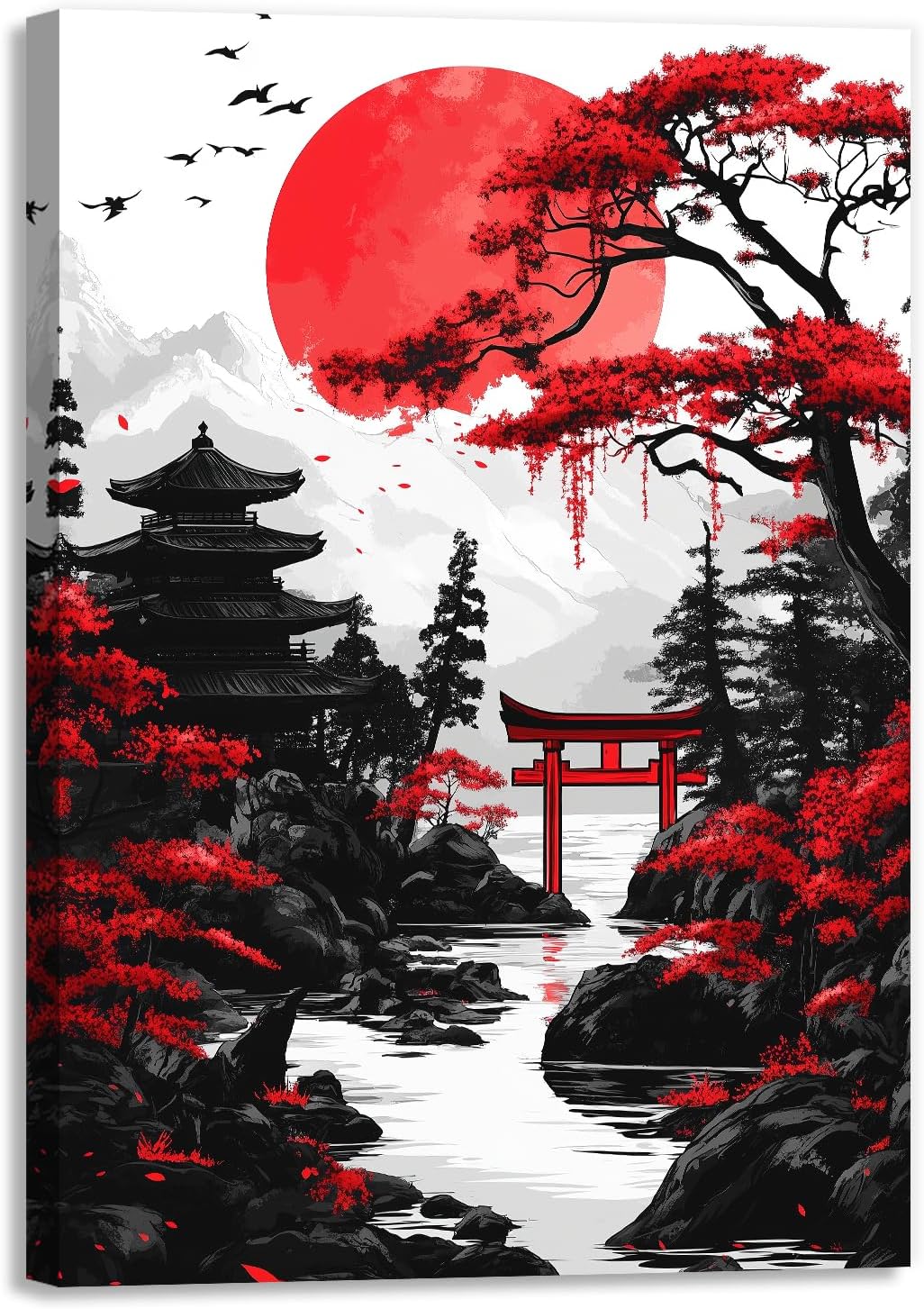 GLOKAKA Japanese Canvas Wall Art Japan Traditional Artwork Natural Landscape Painting Prints Temple Red Moon Pictures for Living Room Office Decor(Artwork-4,20"x30")