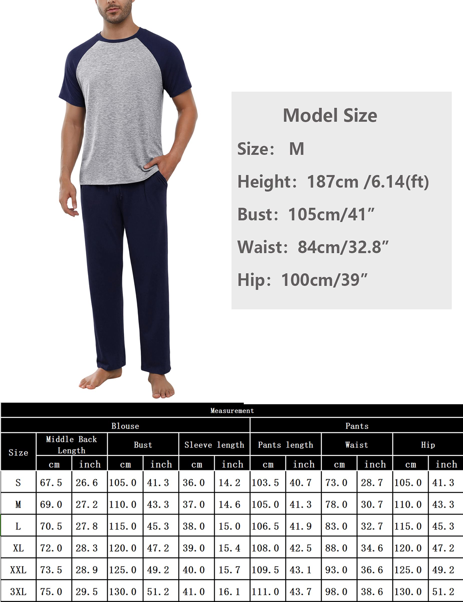 Bresdk Pyjama Homme Coton Ensembles de Pyjamas à Manches Courtes et Pantalons Vêtements de Détente Deux Pièces Confortable Doux