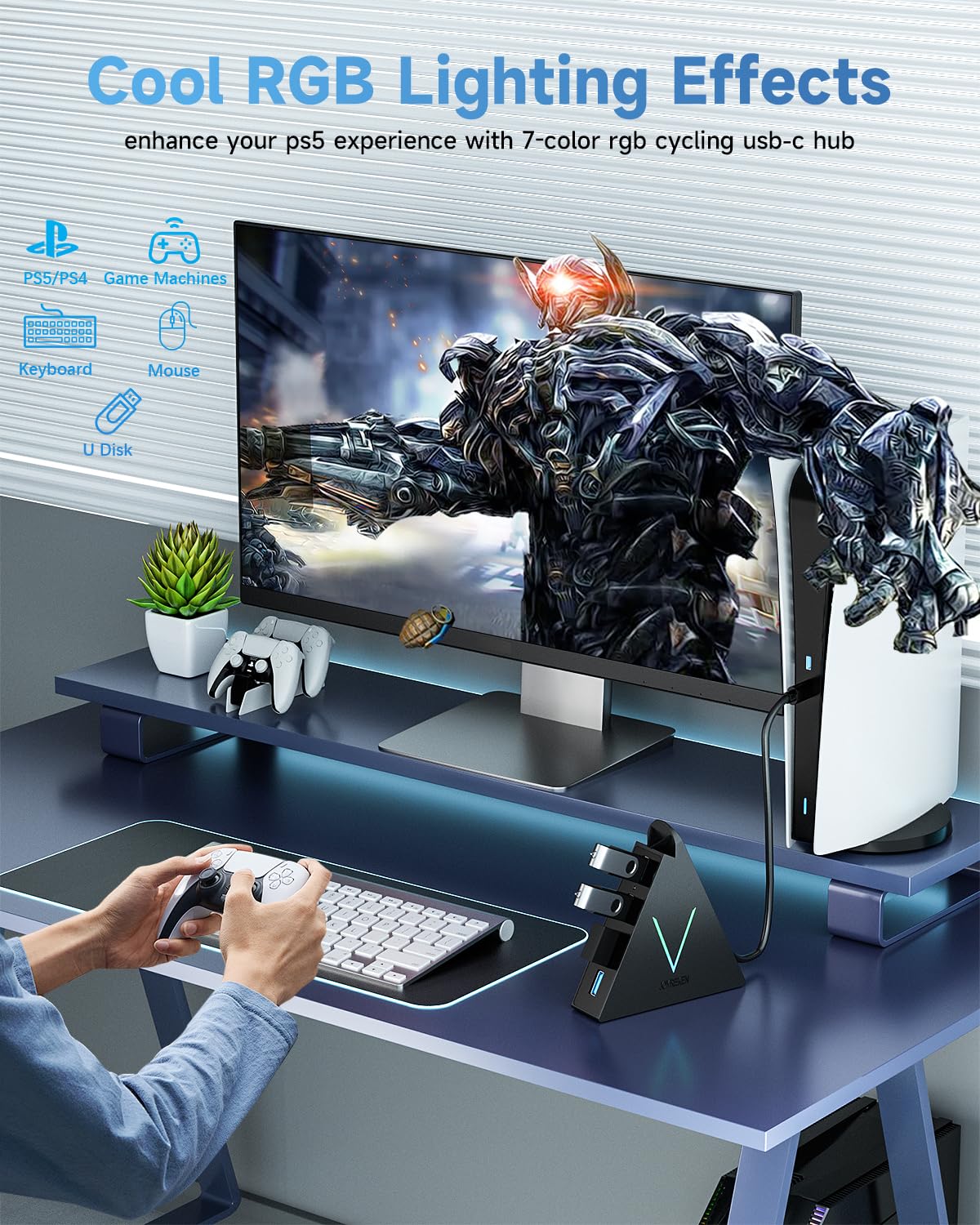 JoyReken USB 3.0 Hub,4 Port USB Hub Tower,2ft Cable USB Splitter for PC, Xbox One, PS4, PS5, iMac, Surface Pro, XPS, Laptop, Desktop, Flash Drive, Mobile HDD (Green)