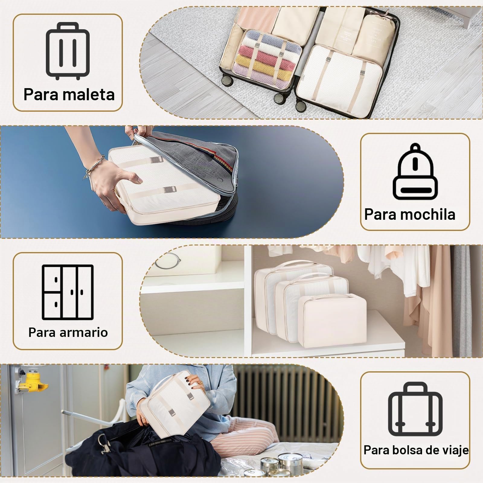 Set de Organizador Maleta de 12 Piezas,Packing Cubes Impermeables,Cubos de Embalaje con Bolsas para Ropa,Bolsa Zapatos,Neceser,etc.|Beige|Ahorro de Espacio para Vacaciones y Viajes de Negocios